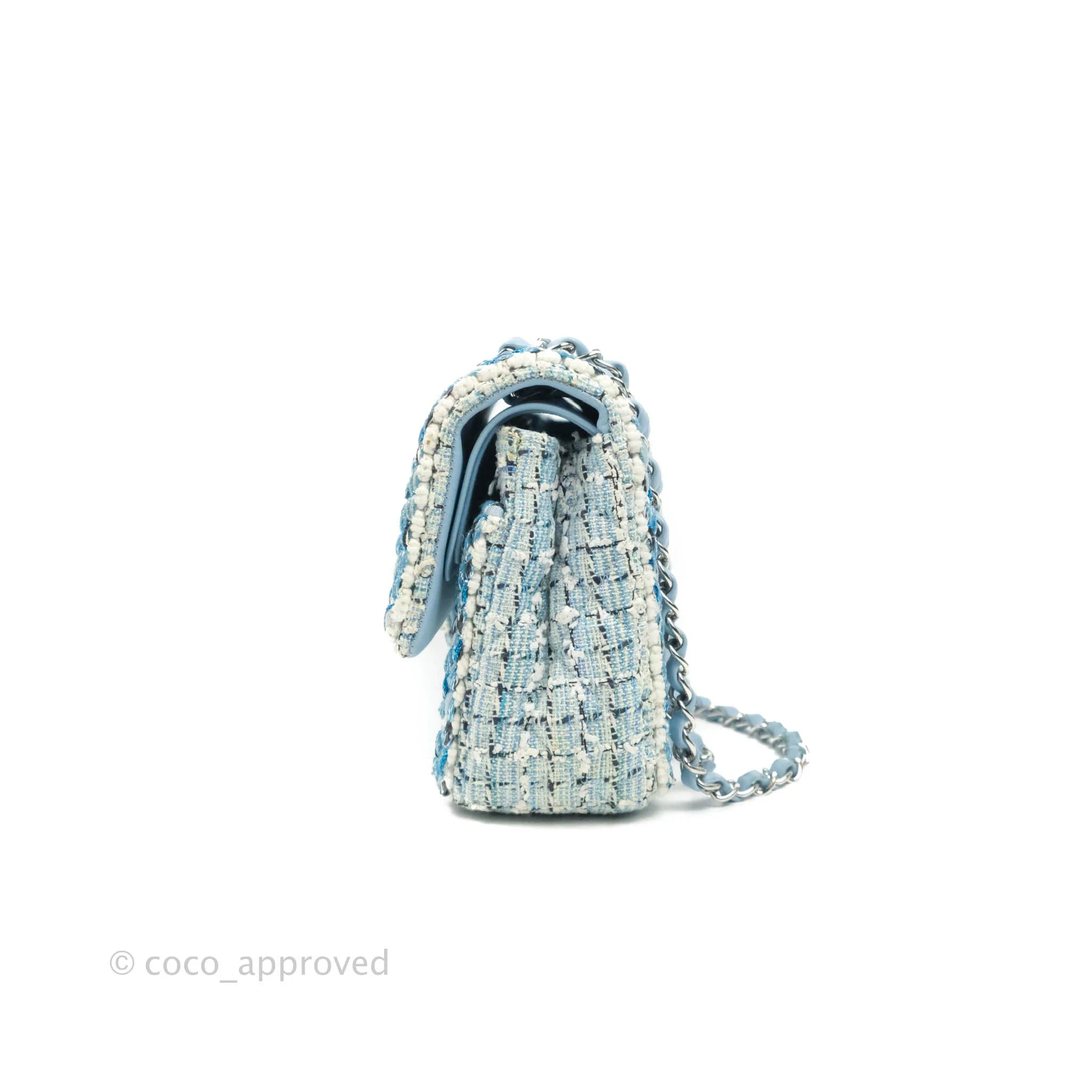 Chanel Medium Classic Double Flap Bag Blue Tweed Silver Hardware 19C – Coco  Approved Studio
