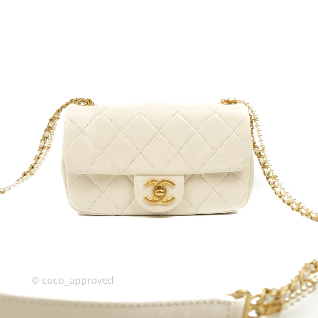 Chanel Mini Rectangular Crystal Pearls Chain Flap White Calfskin Aged Gold Hardware