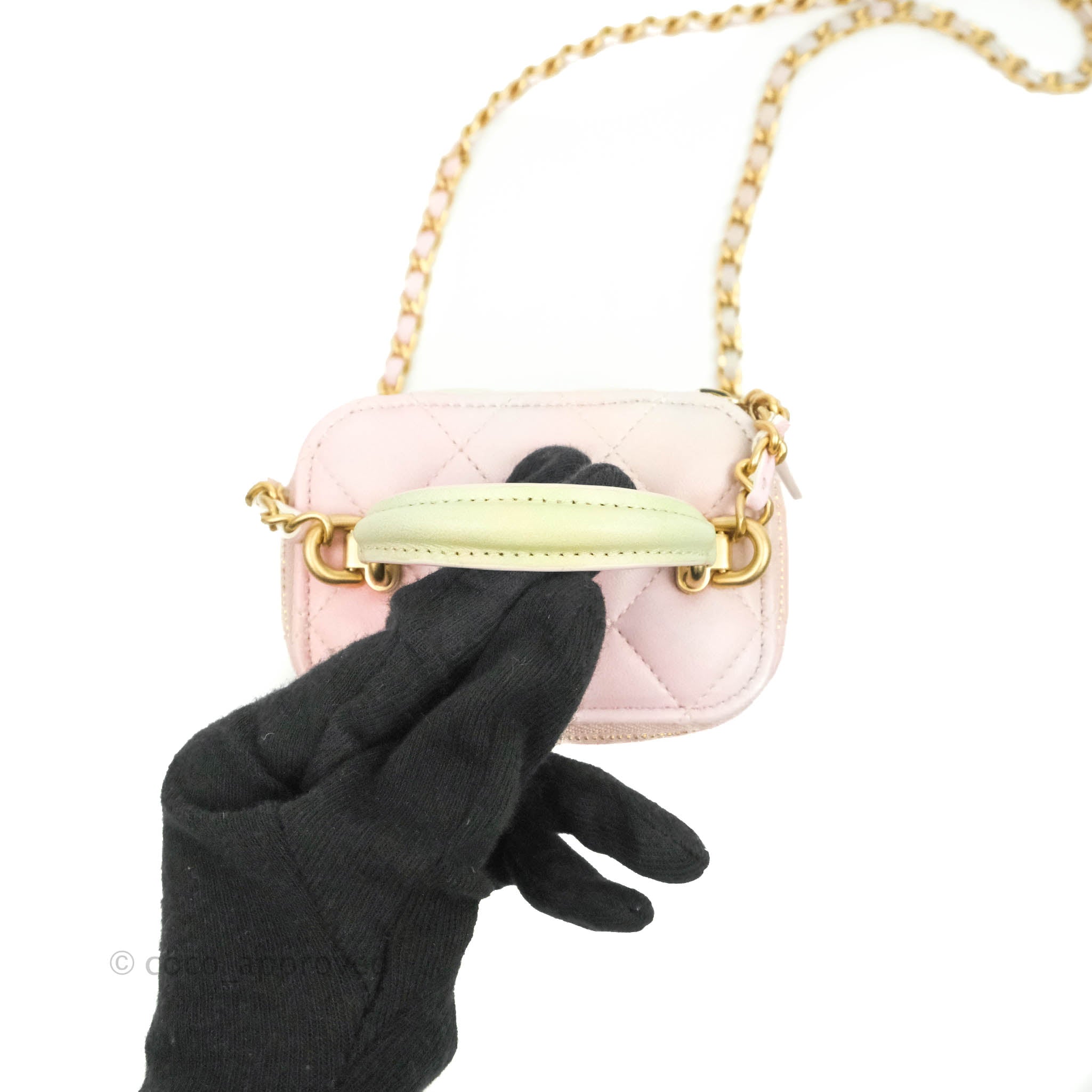 Chanel Mini Top Handle Vanity With Chain Black Lambskin Aged Gold Hard –  Coco Approved Studio