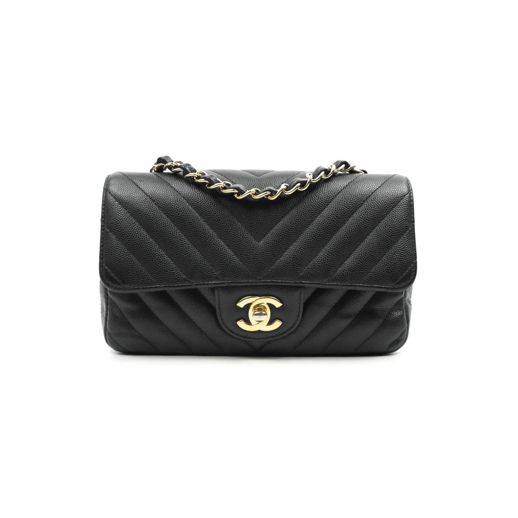 Chanel Chevron Mini Rectangular Flap Black Caviar Gold Hardware