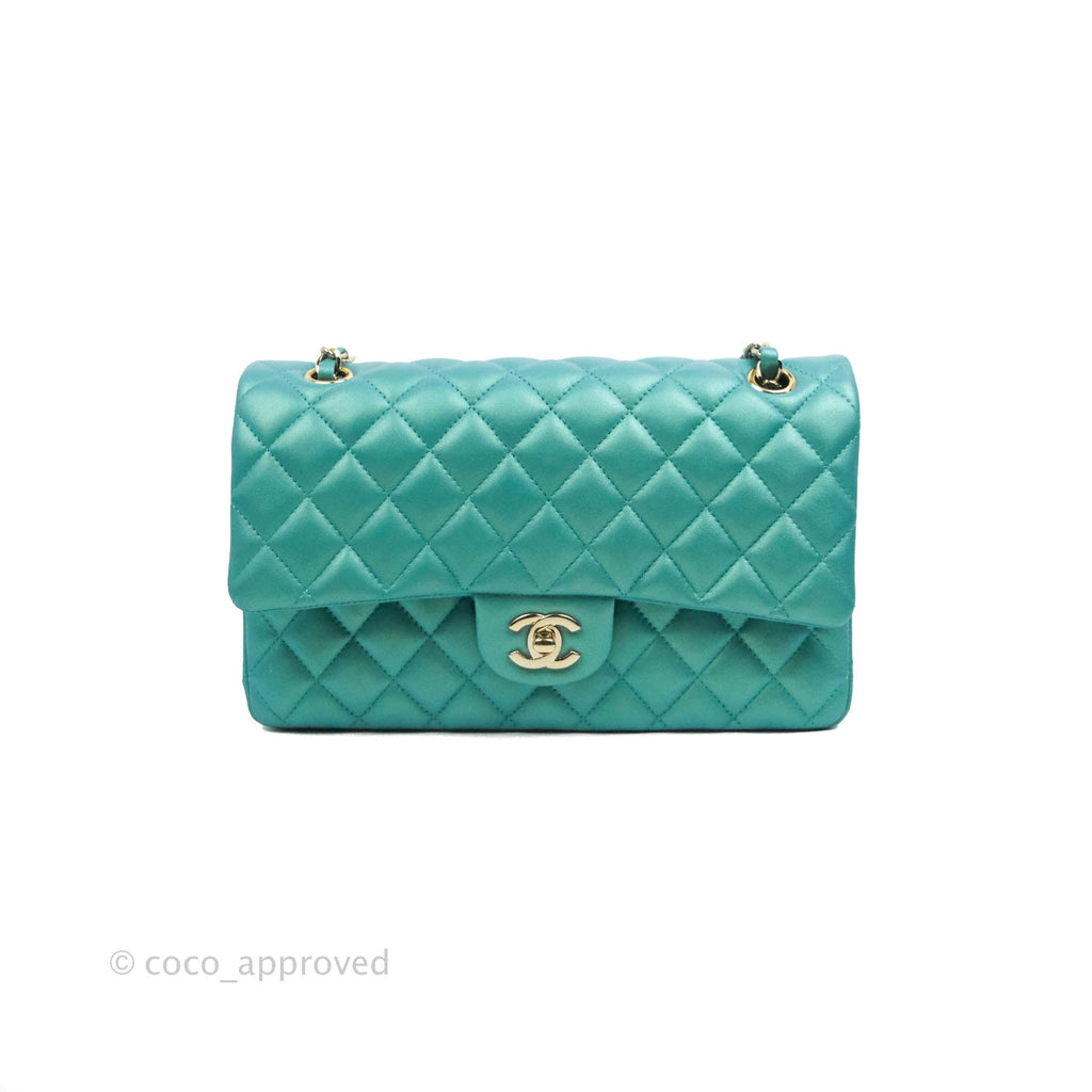 Chanel Classic Medium Flap Quilted Iridescent Tiffany Blue Lambskin Silver Hardware