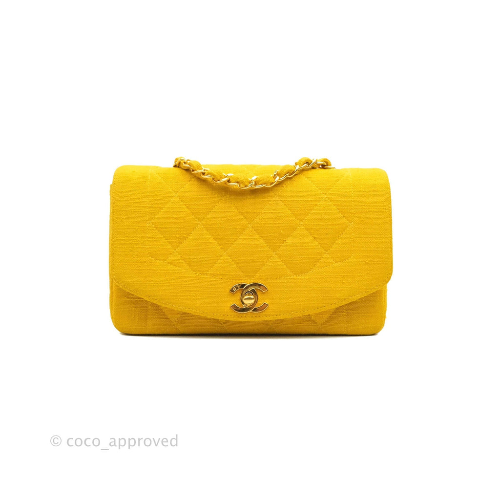 Chanel Vintage Small Classic Diana Flap Bag Yellow Linen Fabric