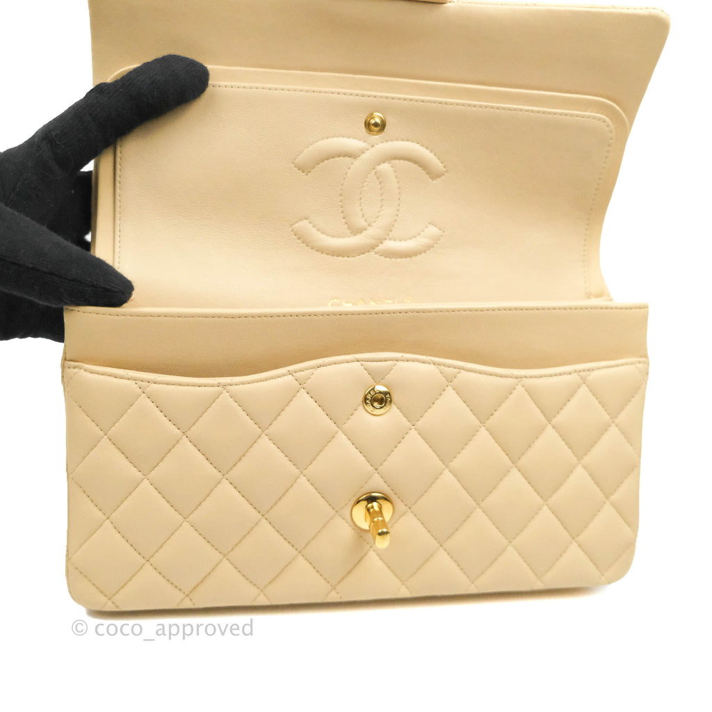 Chanel Classic M/L Medium Flap Quilted Beige Lambskin Gold Hardware