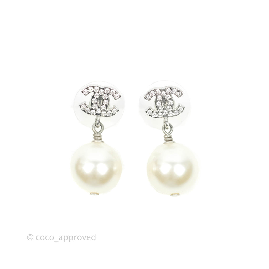 Chanel CC Crystal Pearl Drop Earrings Silver Tone 22V