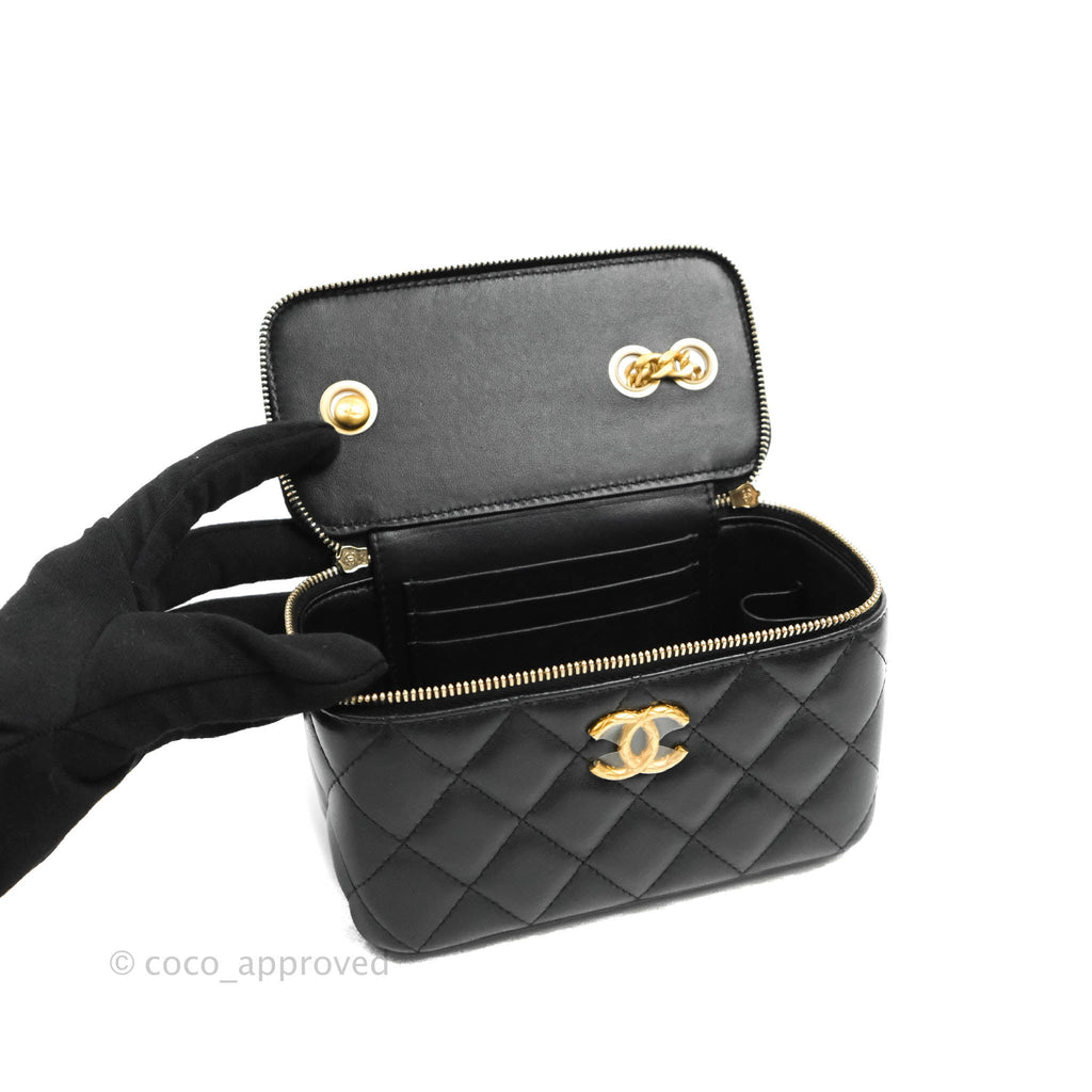 Chanel Vanity with Adjustable Chain Black Lambskin Aged Gold Hardware 22K