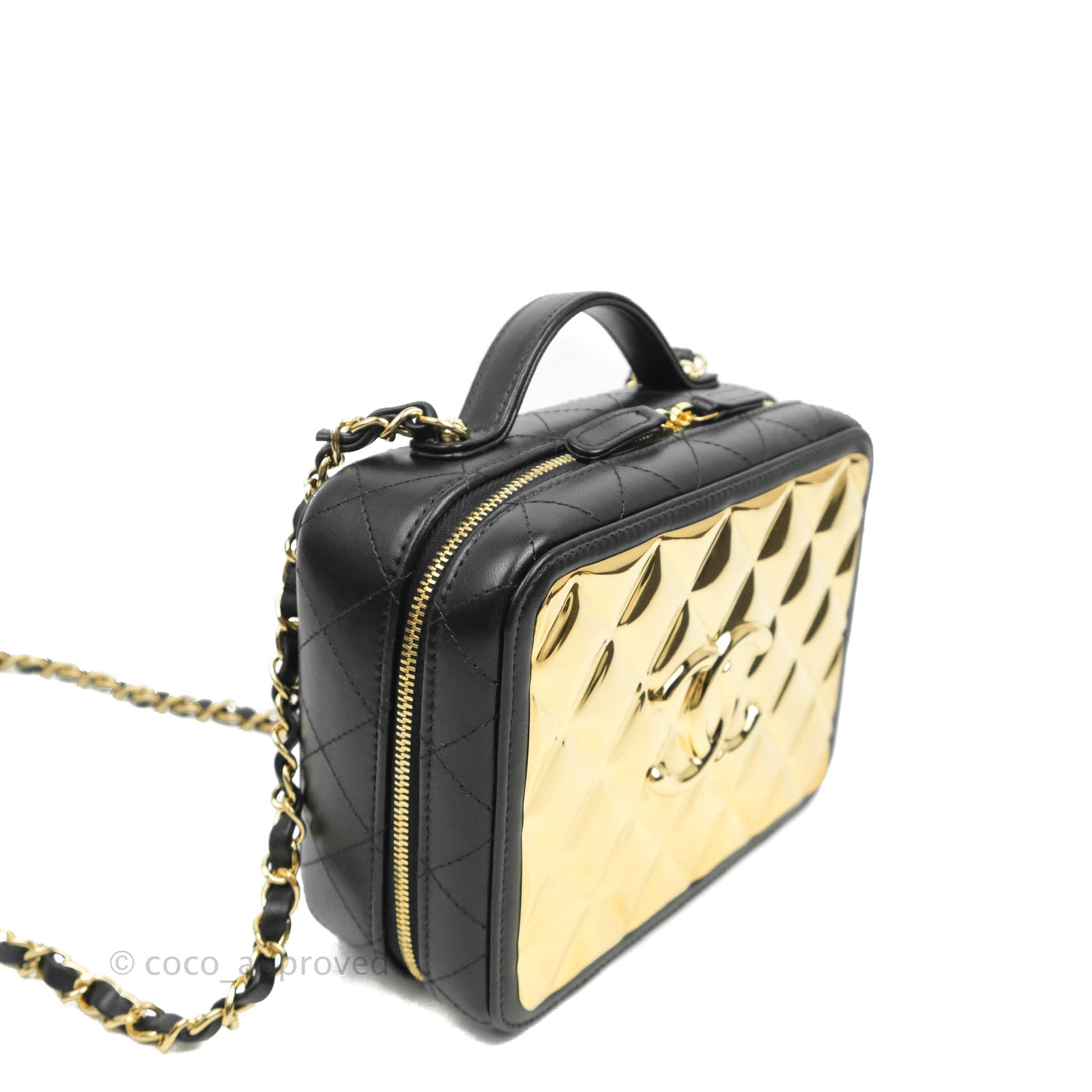 Chanel Gold/Black Quilted Metal Lambskin Leather 2021 Golden Plate Mini  Vanity Bag Chanel