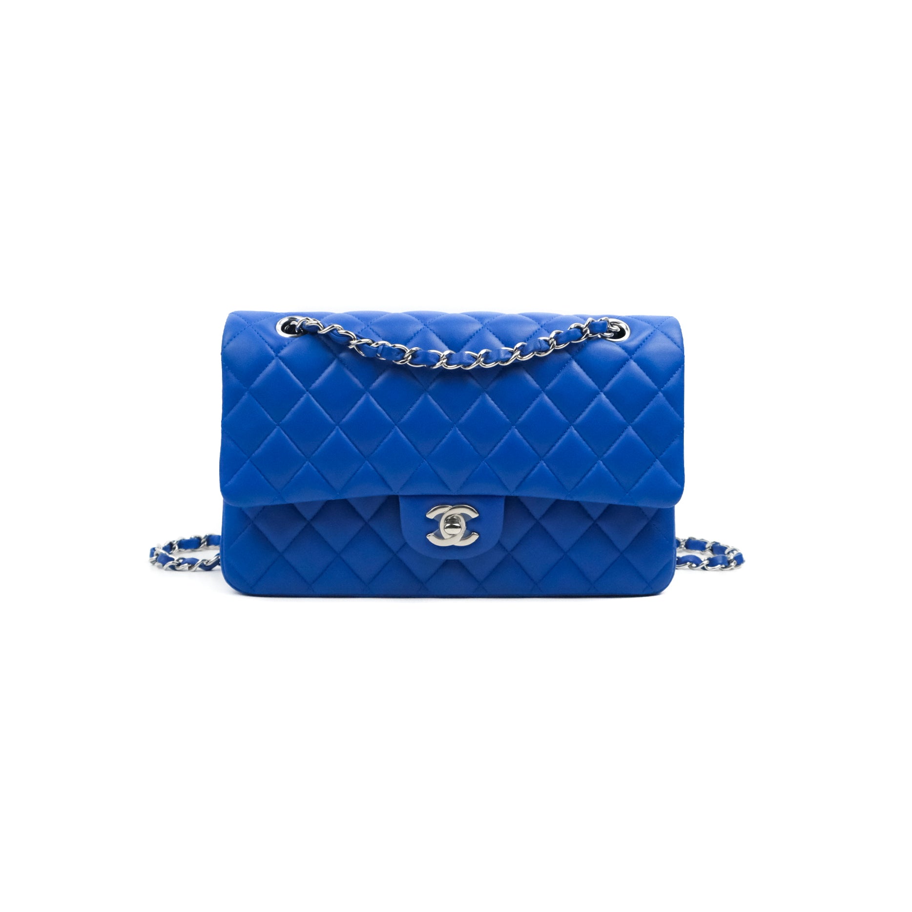 Chanel Classic M/L Medium Flap Quilted Blue Lambskin Silver Hardware