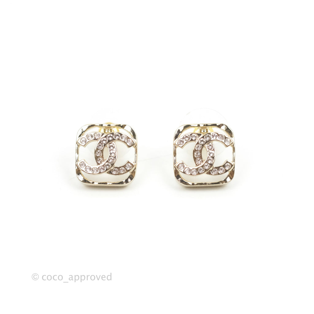 Chanel Square CC Crystal Earrings Gold Tone 23P