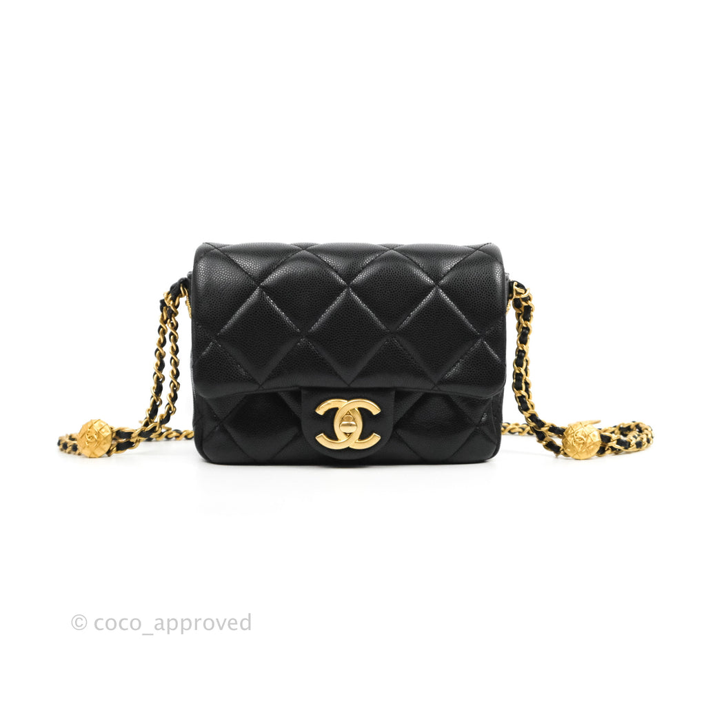 Chanel Mini Flap with Coin Charm Black Caviar Aged Gold Hardware 22A