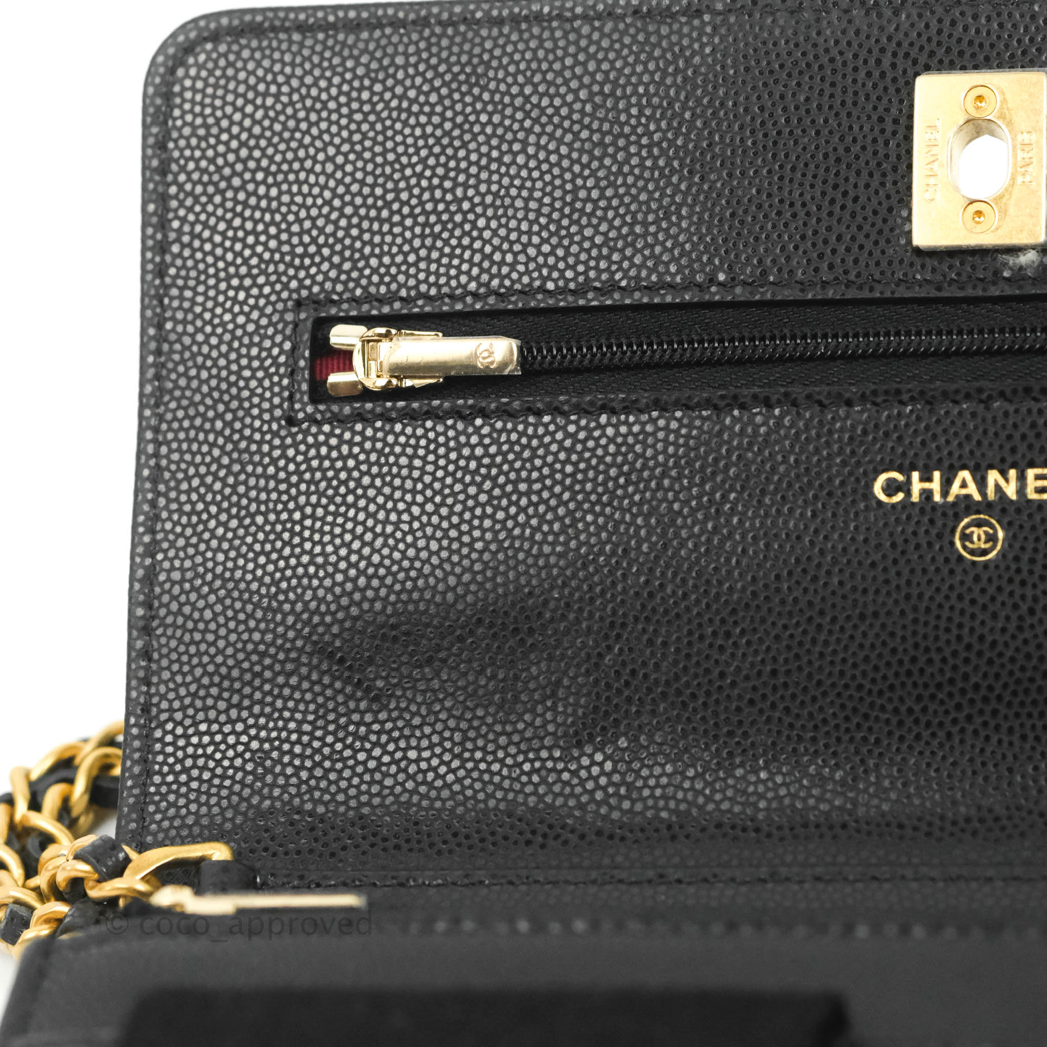 gold chanel wallet on chain caviar