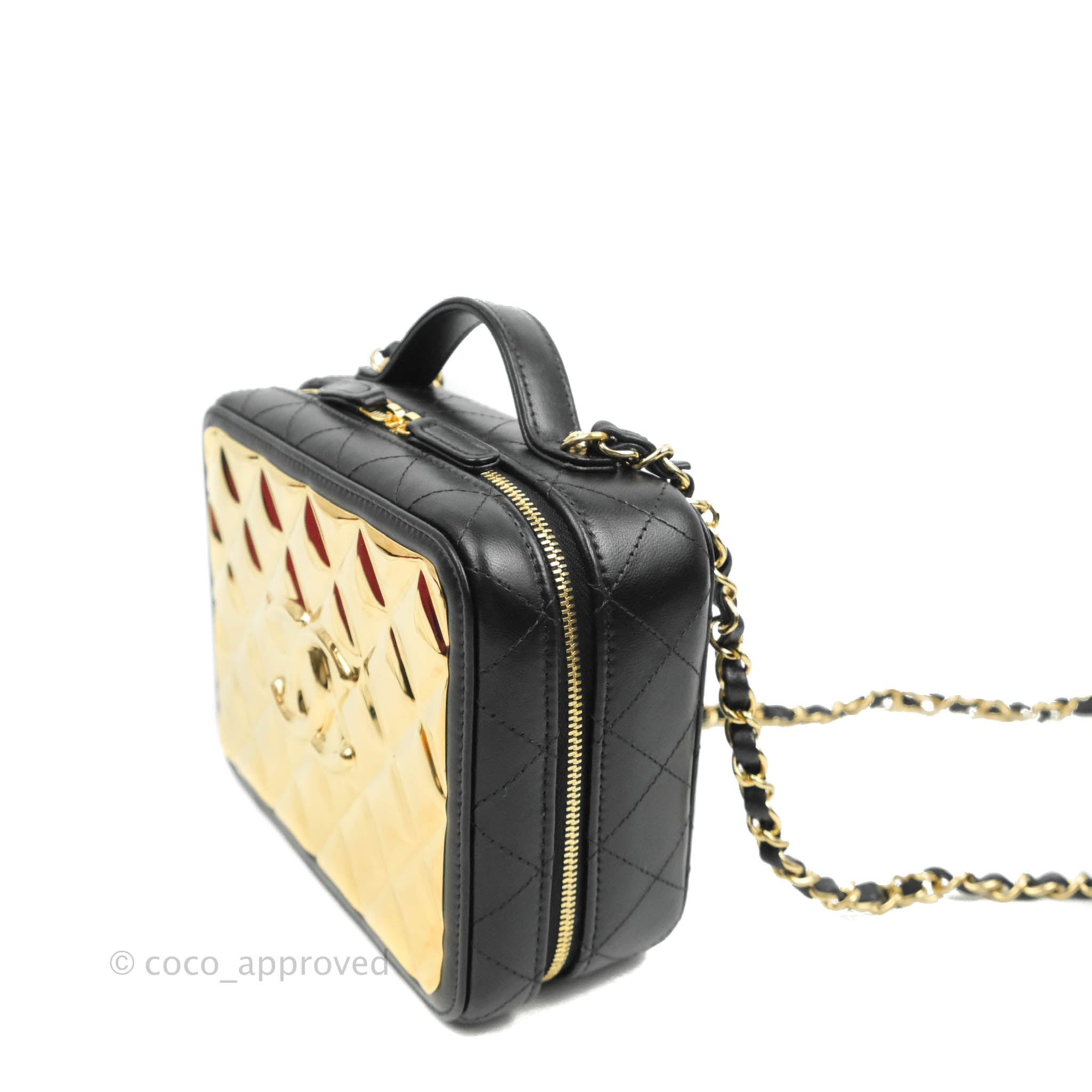 Chanel Quilted Golden Plate Vanity Case Black Lambskin Gold Hardware – Coco  Approved Studio