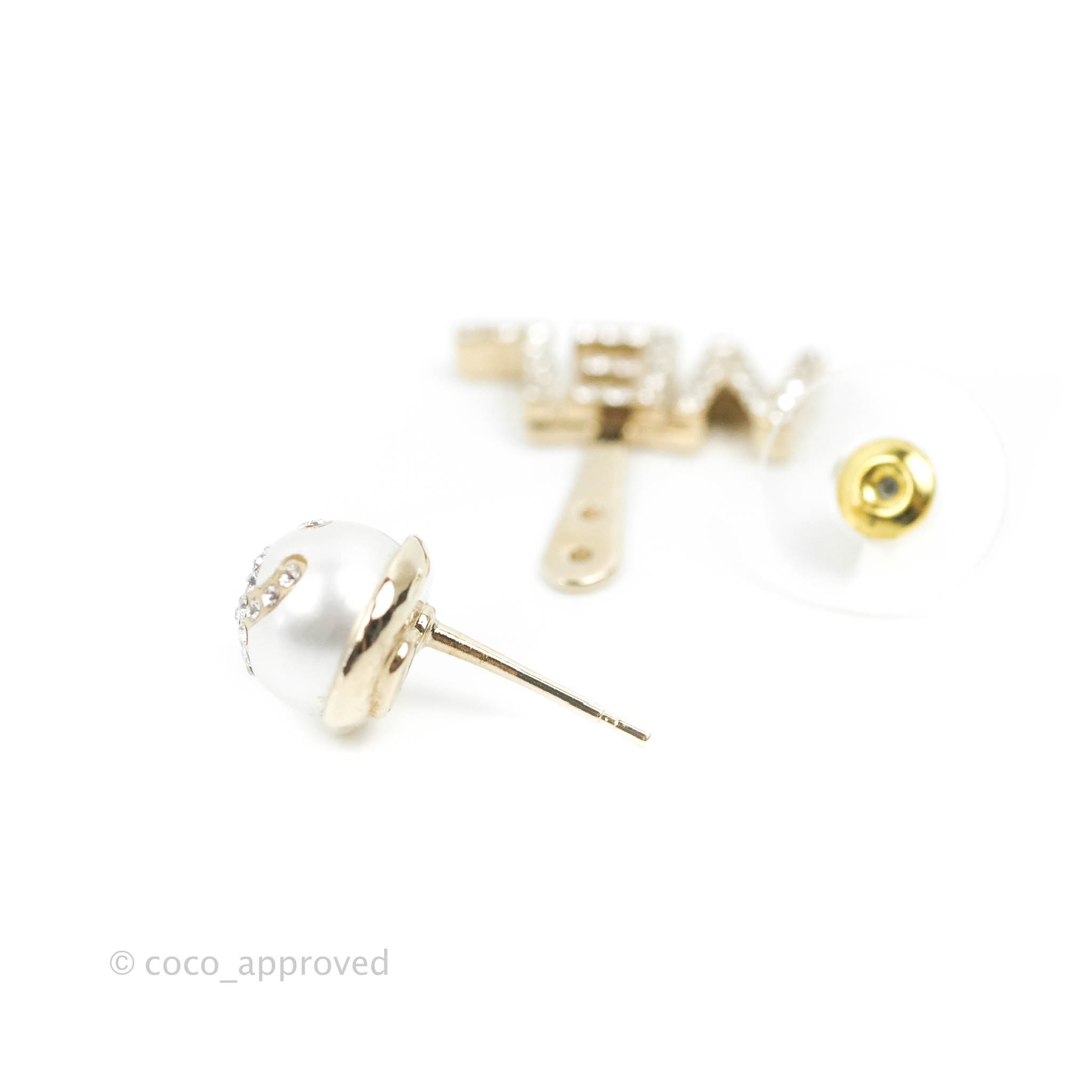 Chanel Pearl Rhinestone CC CHA-NEL Drop Earrings Gold Tone 21A – Coco  Approved Studio