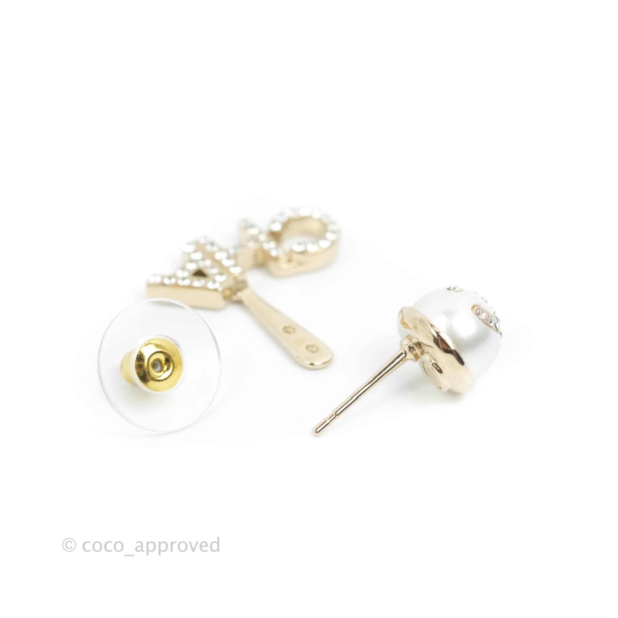 Chanel Pearl Rhinestone CC CHA-NEL Drop Earrings Gold Tone 21A – Coco  Approved Studio