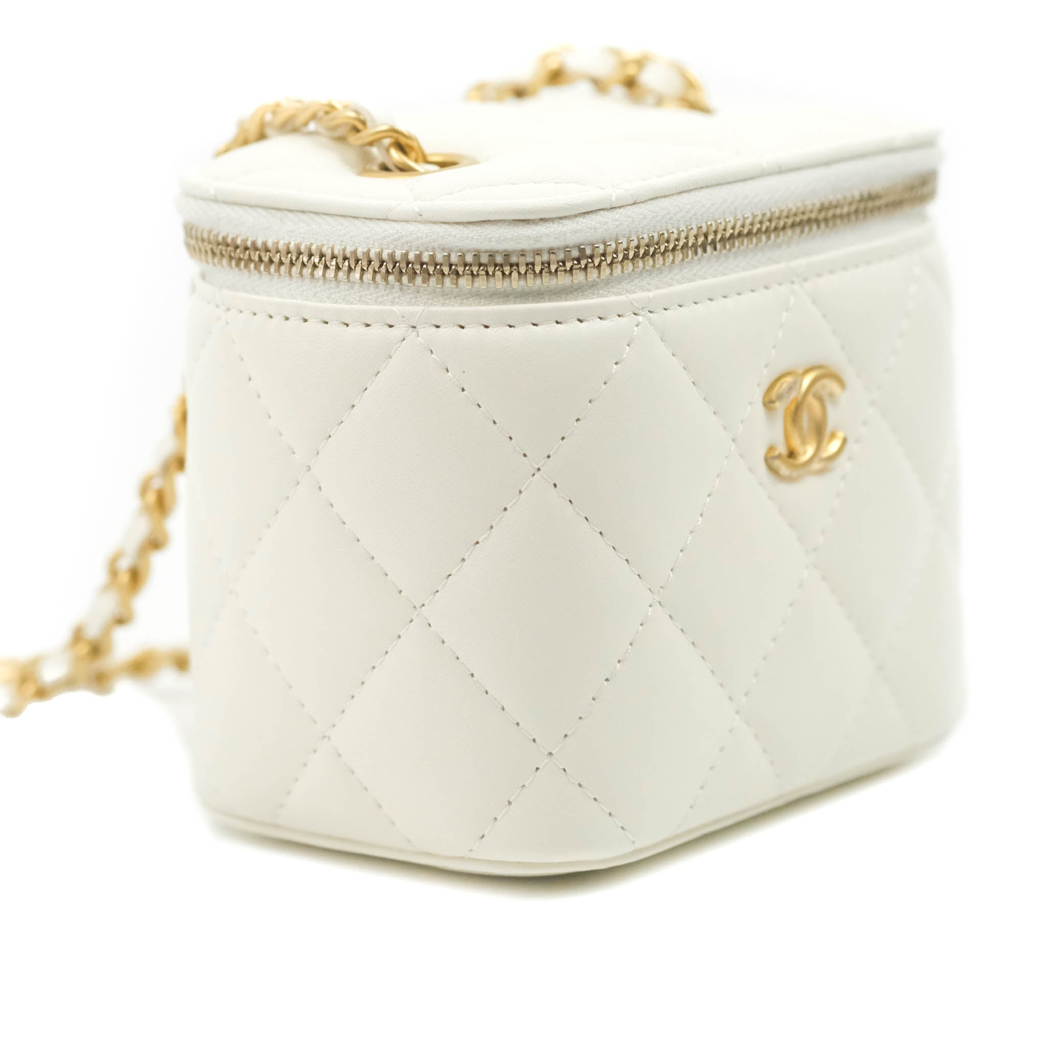 Chanel Mini Pearl Crush Vanity With Chain White Lambskin Aged Gold