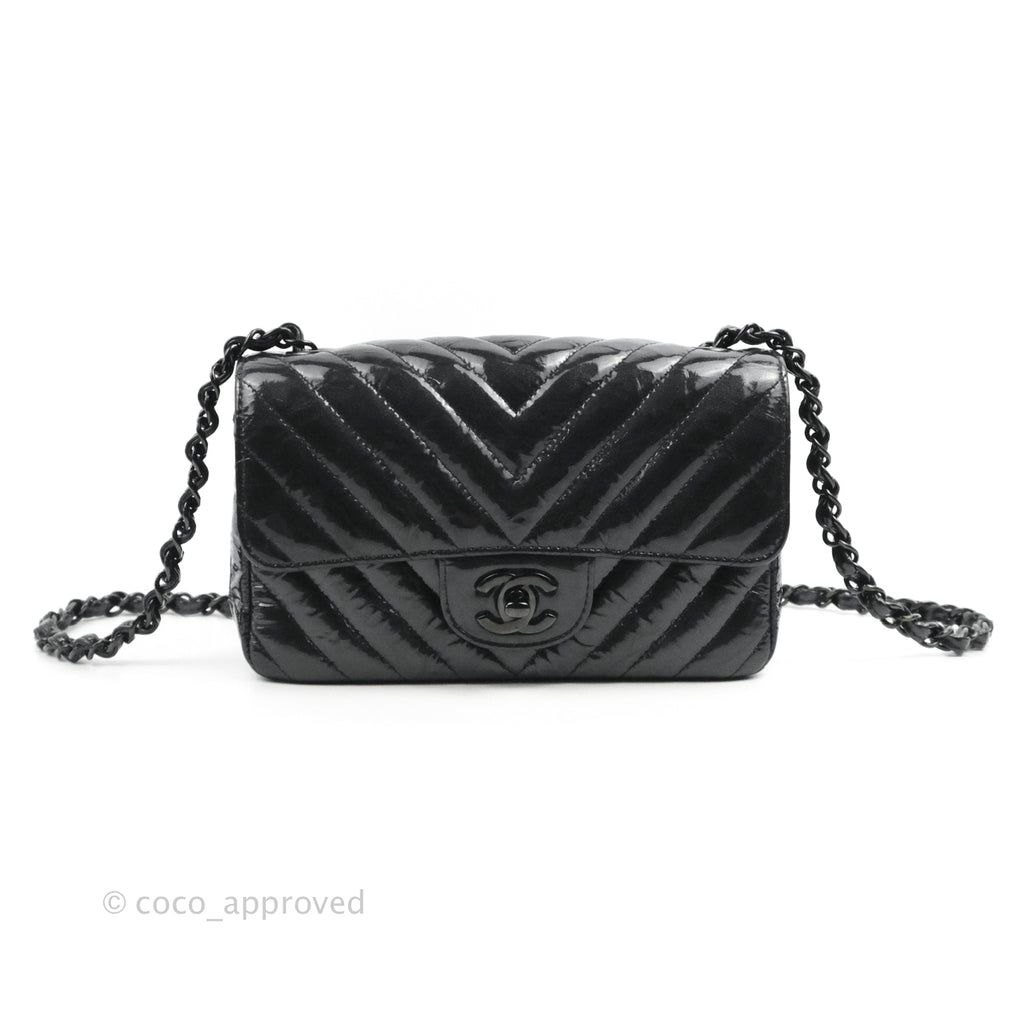 Chanel Mini Rectangular Flap Chevron Black Crumpled Metallic Patent So Black