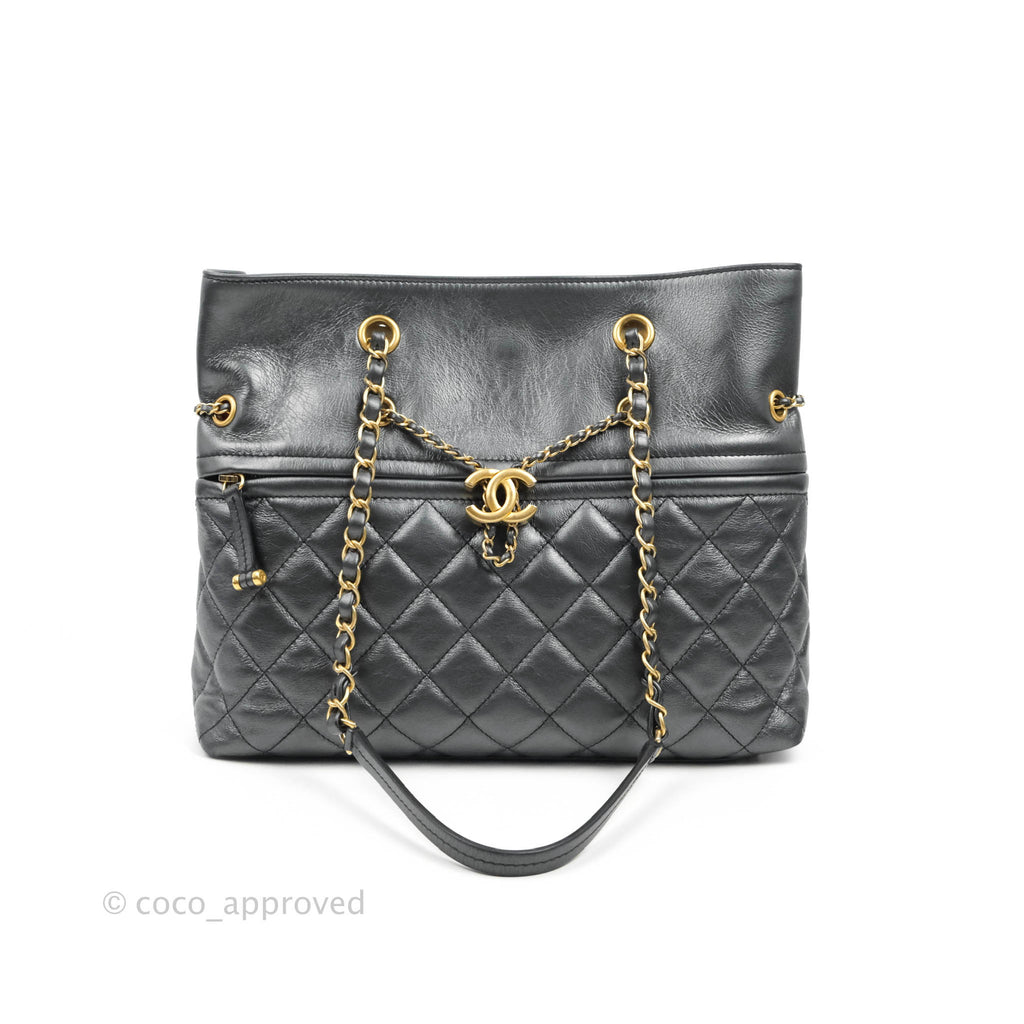 Chanel Quilted Drawstring Shopping Tote Bag Metallic Dark Grey Aged Calfskin Aged Gold Hardware