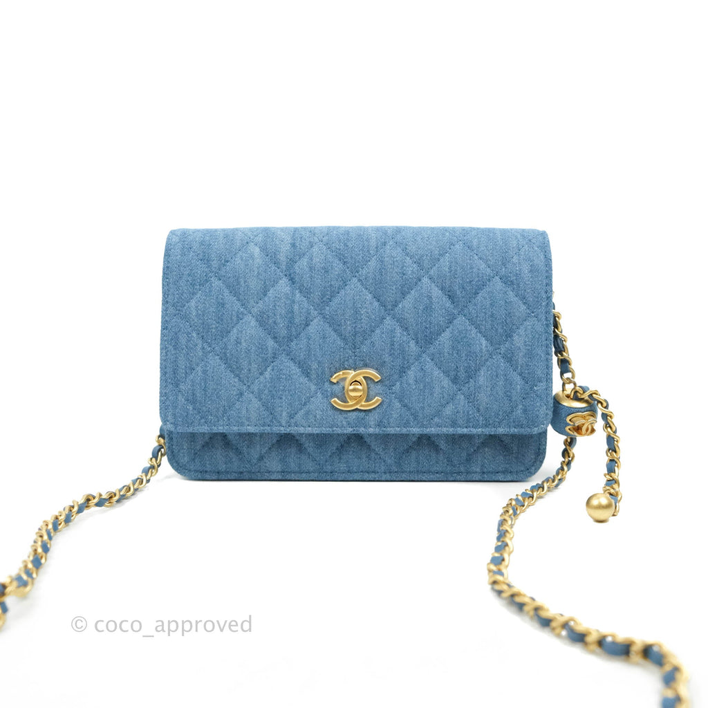 Chanel Quilted Pearl Crush Wallet on Chain WOC Denim Aged Gold Hardware