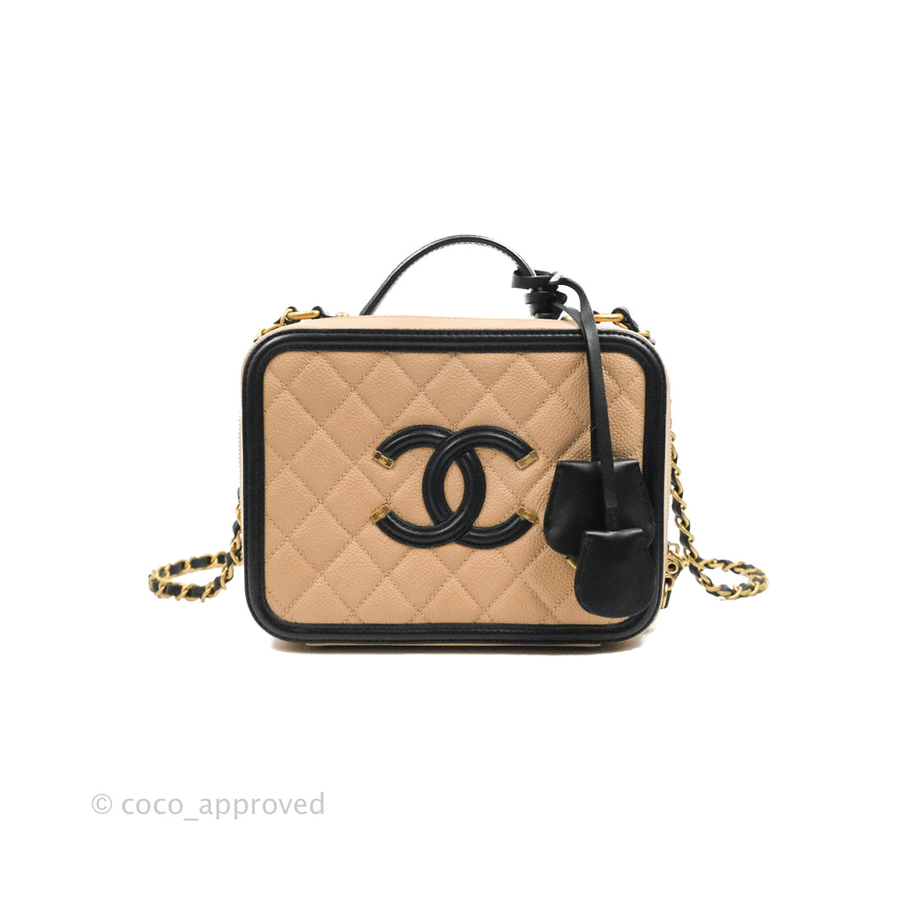 Chanel Quilted Medium CC Filigree Vanity Case Beige Caviar Aged Gold Hardware