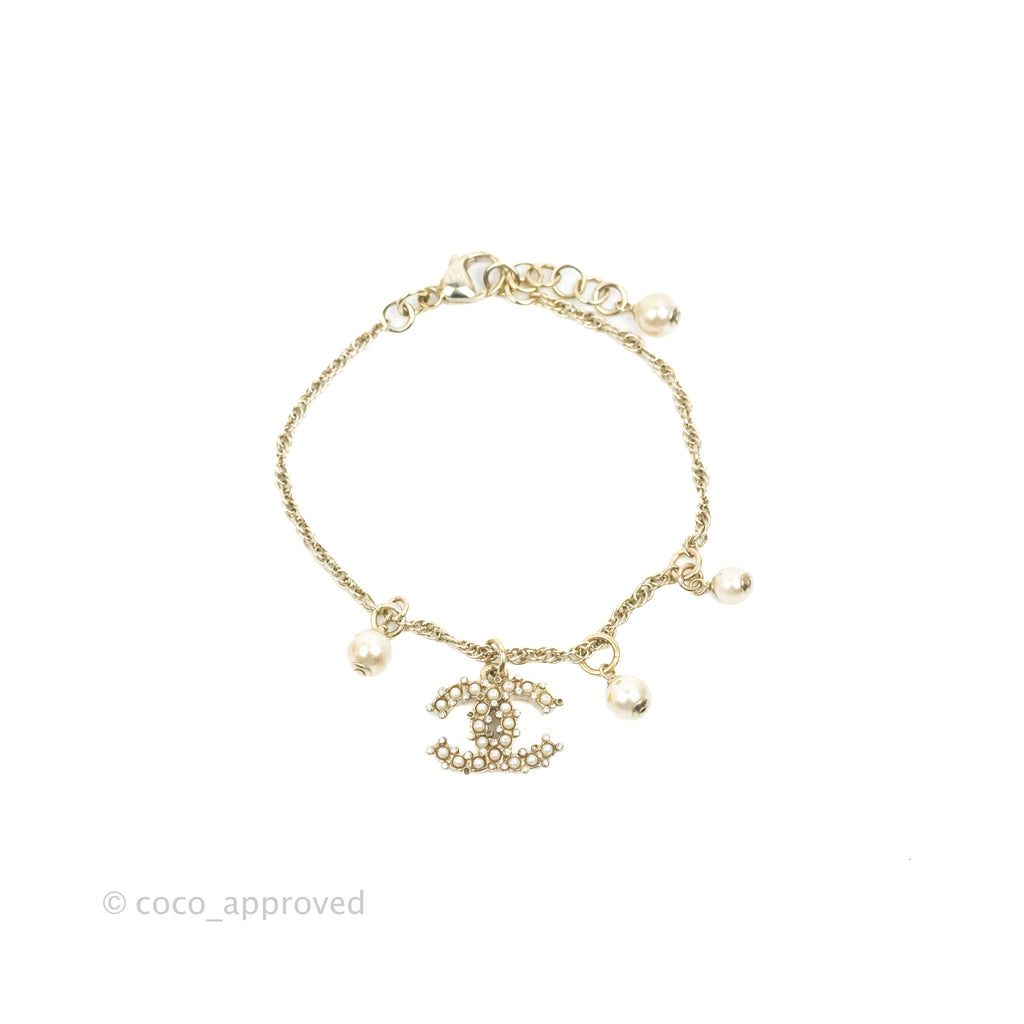 Chanel CC Crystal Pearl Bracelet Gold Tone 19C