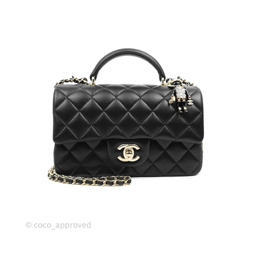 Chanel Top Handle Mini Rectangular Flap Bag with Charm Black Lambskin Gold Hardware
