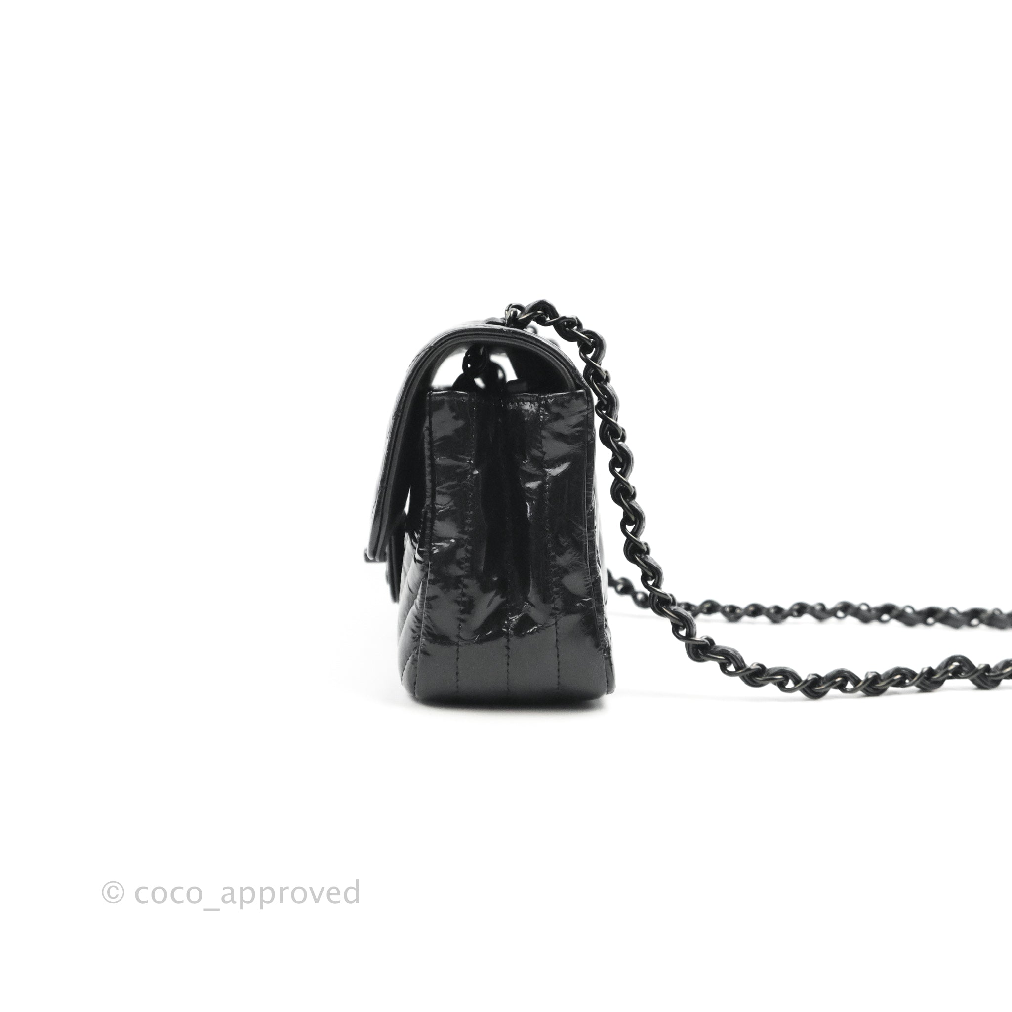 Chanel SO Black Metallic Patent Leather Chevron Quilted Mini