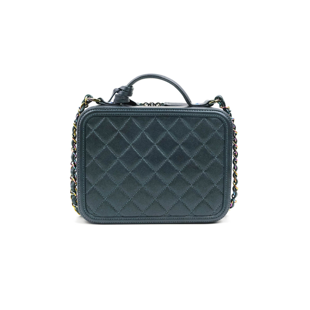 Chanel Quilted Medium CC Filigree Vanity Case Iridescent Dark Turquoise Caviar Rainbow Hardware