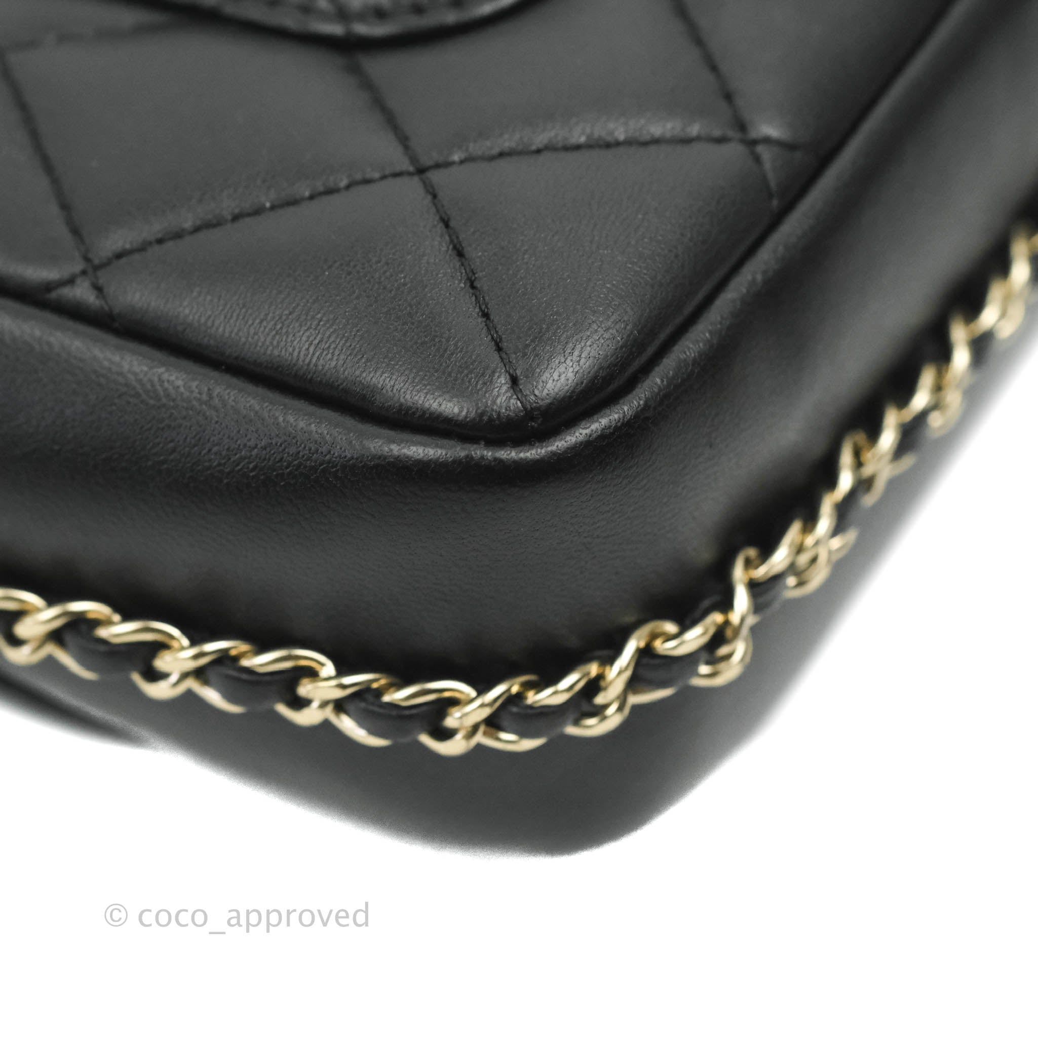 Chanel Logo Pearl Chain Flap Bag Black Lambskin Gold Hardware