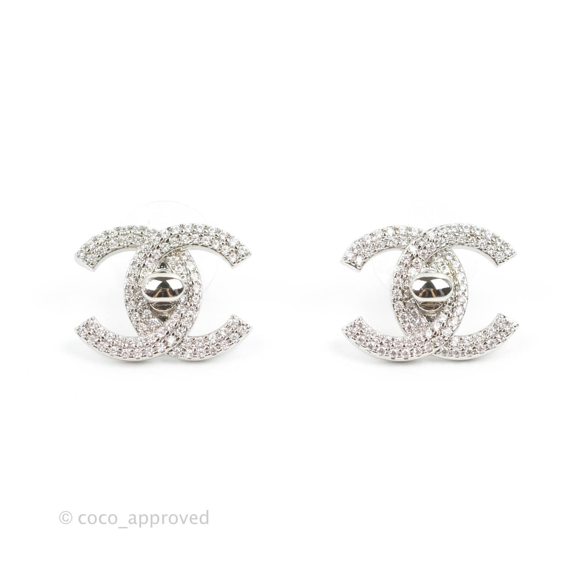 Chanel Classic Silver CC Crystal Curve Small Piercing Earrings