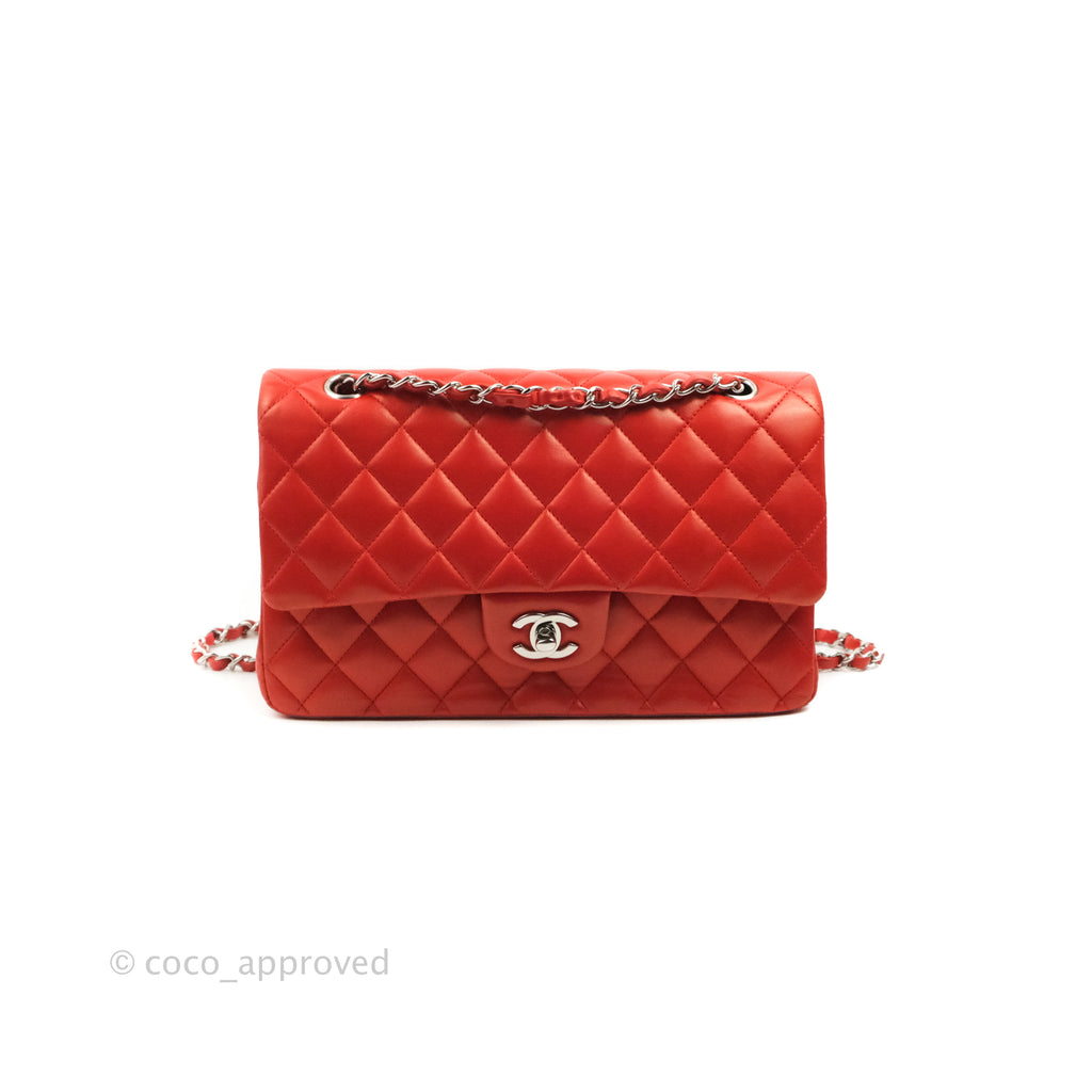 Chanel Classic M/L Medium Flap Quilted Red Lambskin Silver Hardware