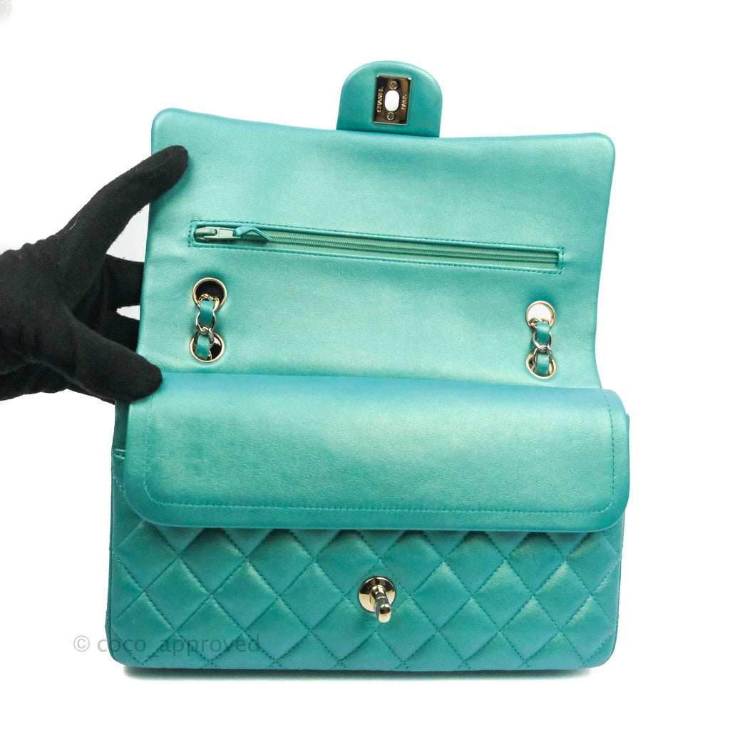 Chanel Classic Medium Flap Quilted Iridescent Tiffany Blue Lambskin Silver Hardware