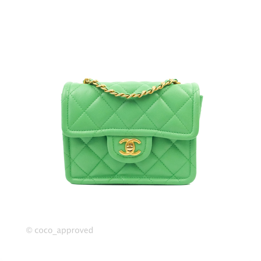 Chanel Mini Square Sweet Quilted Flap Green Caviar Aged Gold Hardware 21P