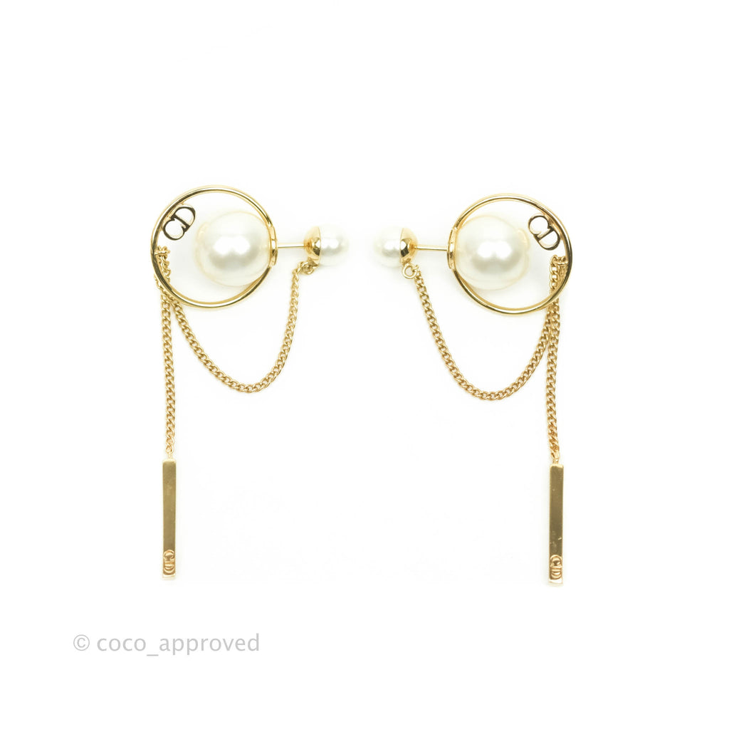 Christian Dior CD Pearl Long Drop Earrings Gold Tone