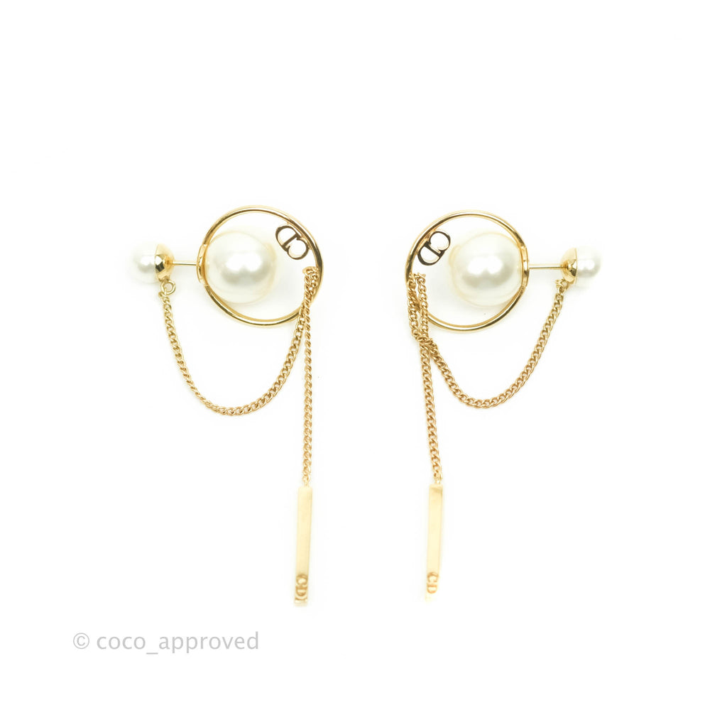 Christian Dior CD Pearl Long Drop Earrings Gold Tone