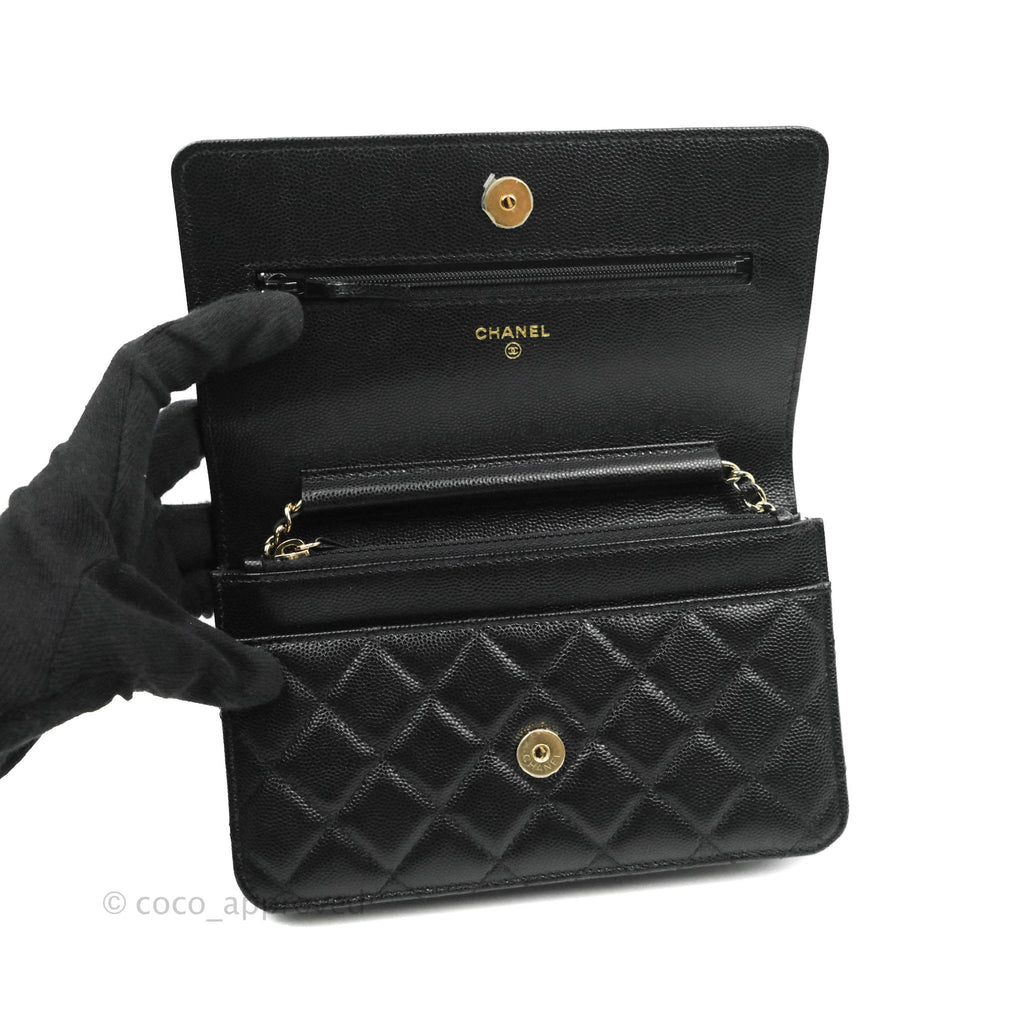 Chanel Quilted WOC Black Caviar Gold Hardware With Charms