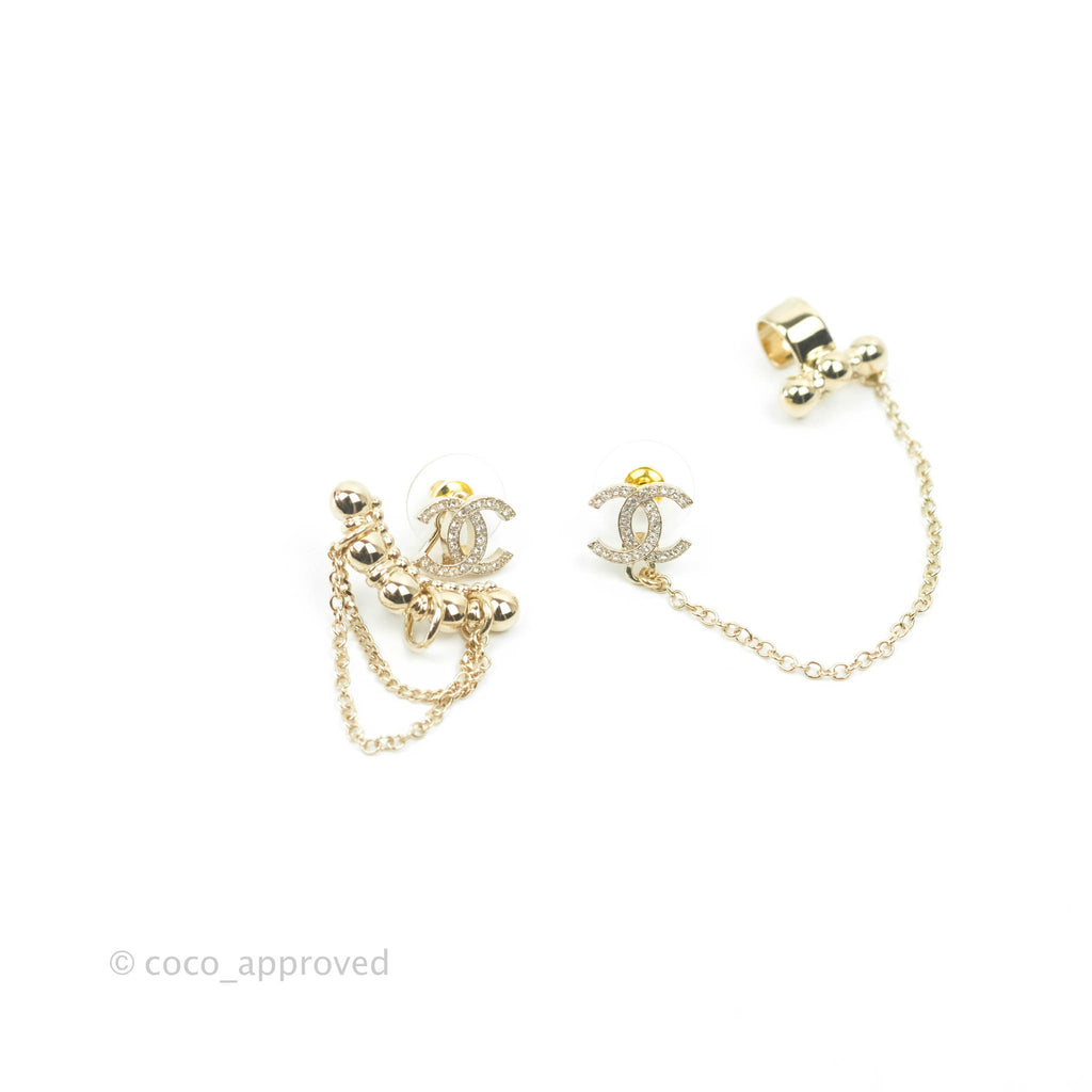 Chanel Crystal CC Earrings Ear Clip Gold Tone 22C