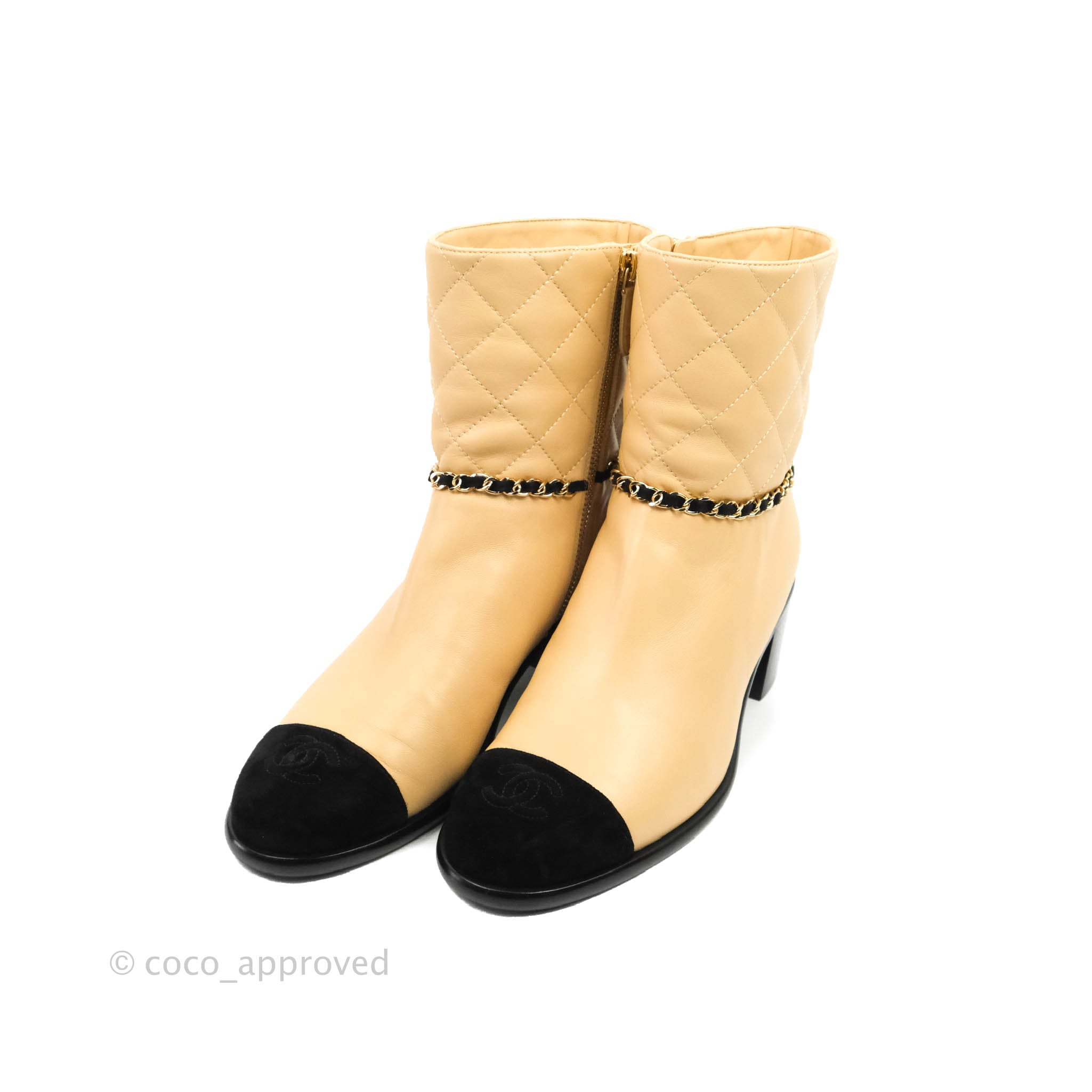 Chanel Chain Link CC Cap-toe Ankle Boots Beige Lambskin Black Suede Size  38.5