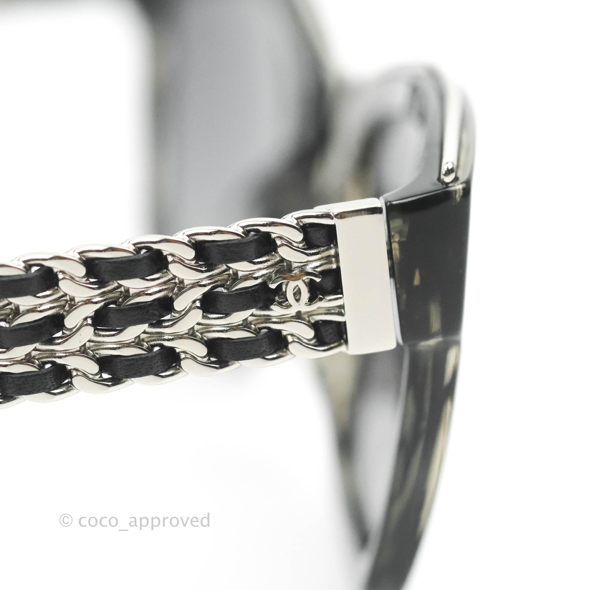 CHANEL | Accessories | Chanel Black Silver C Logo Chain Link Leather  Quilted Sunglasses | Poshmark