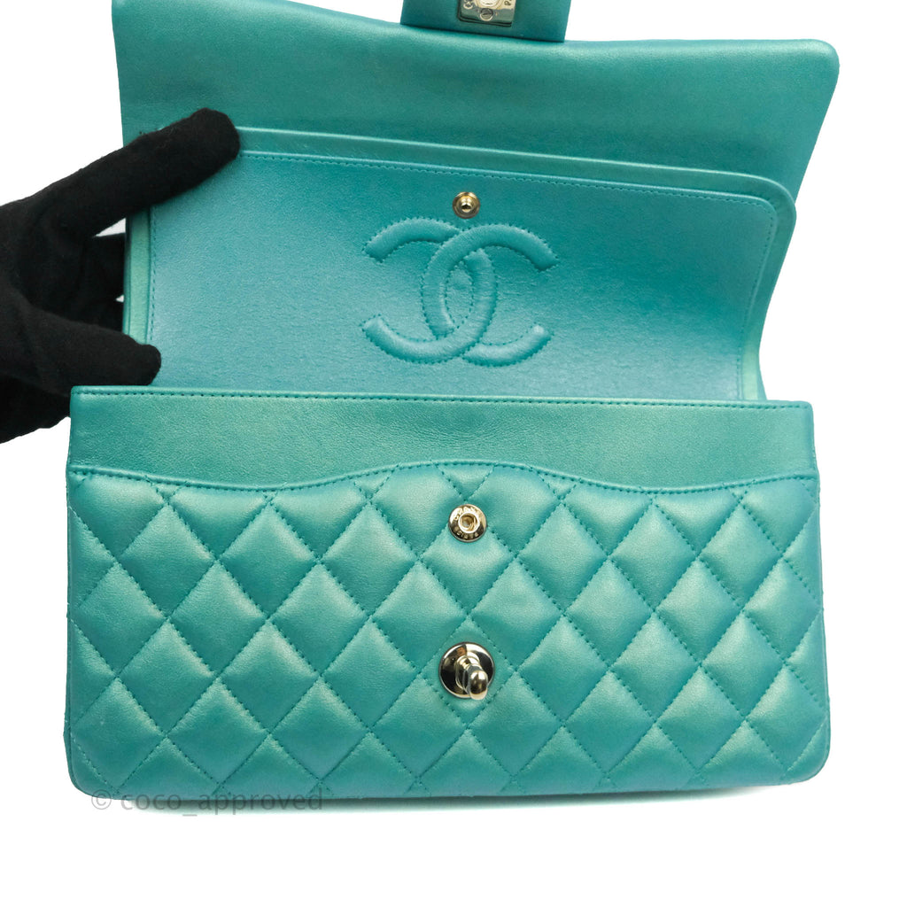 Chanel Classic Medium Flap Quilted Iridescent Tiffany Blue Lambskin Silver Hardware