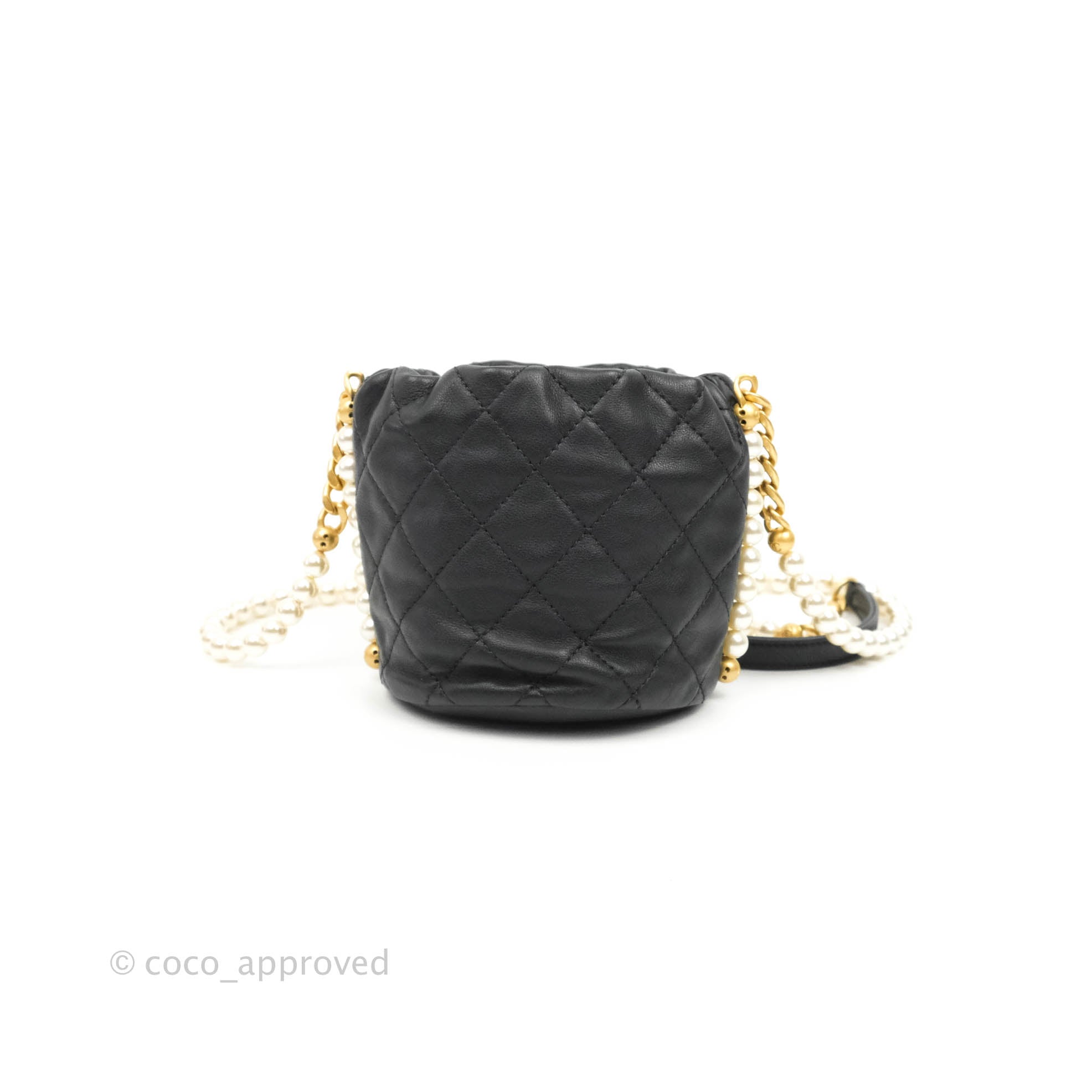 Chanel Quilted Pearl Mini About Pearls Drawstring Bucket Bag Black Cal –  Coco Approved Studio