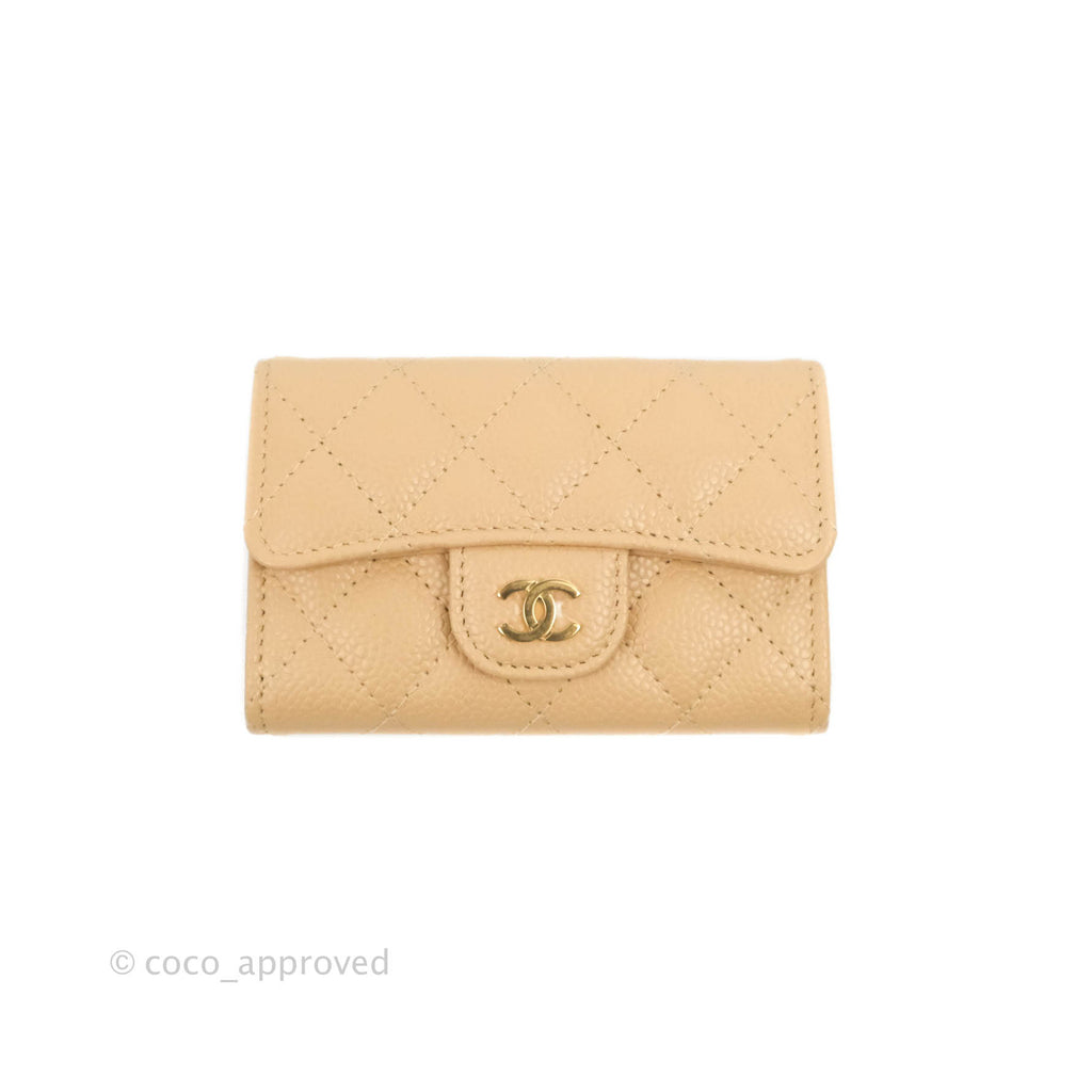 Chanel Quilted Flap Card Holder Beige Caviar Gold Hardware
