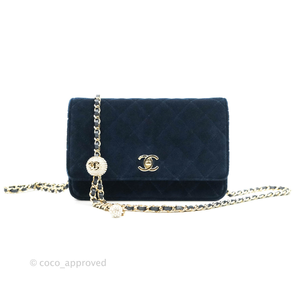 Chanel Quilted Crystal Pearl Crush Wallet on Chain WOC Navy Velvet Gold Hardware