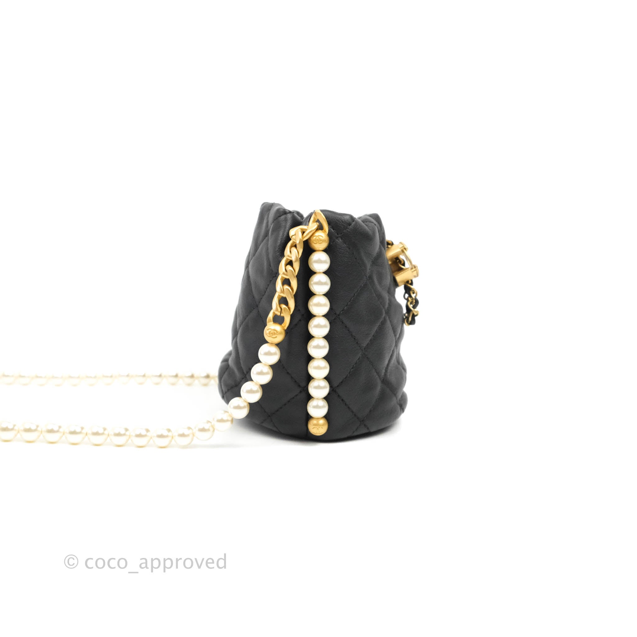 Authentic Chanel Black Mini Bucket Bag with Pearls