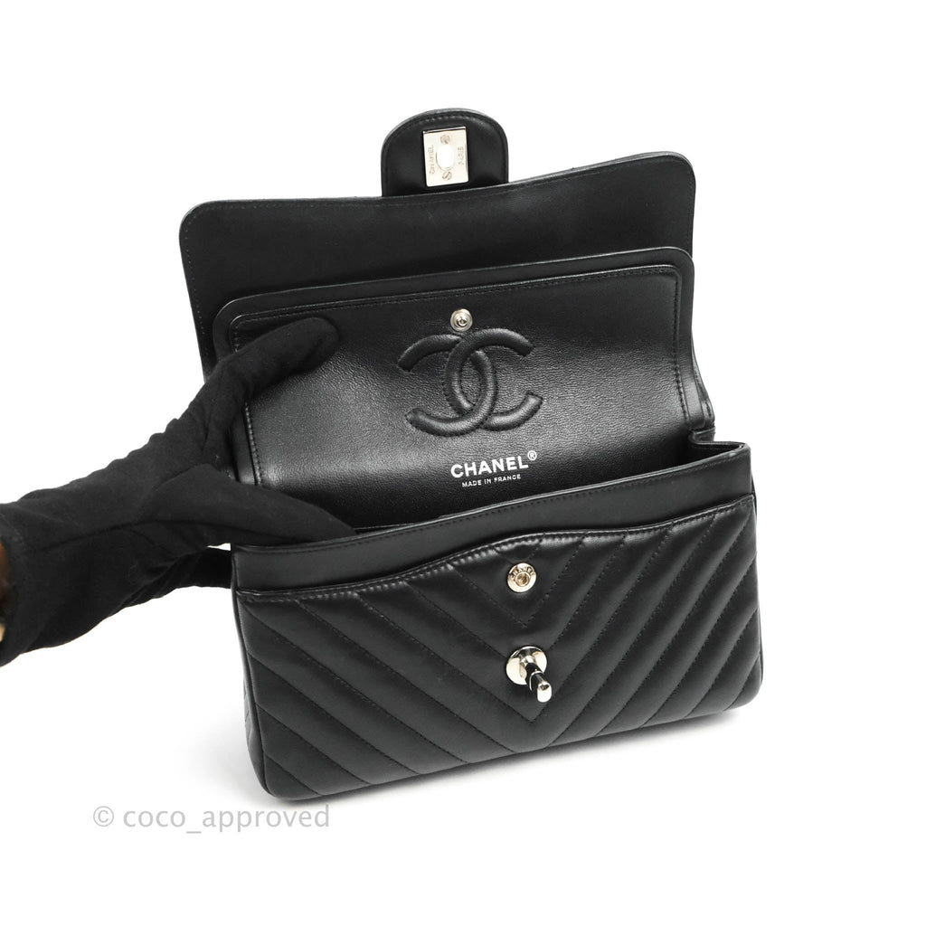 Chanel Classic Chevron S/M Small Double Flap Black Lambskin Silver Hardware