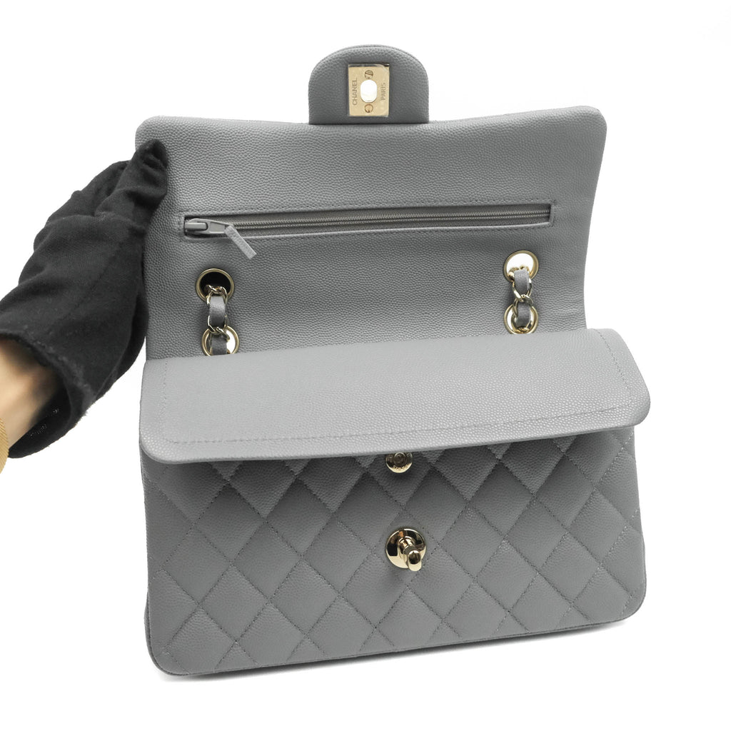 Chanel Small Classic Quilted Flap Grey Caviar Gold Hardware 20C