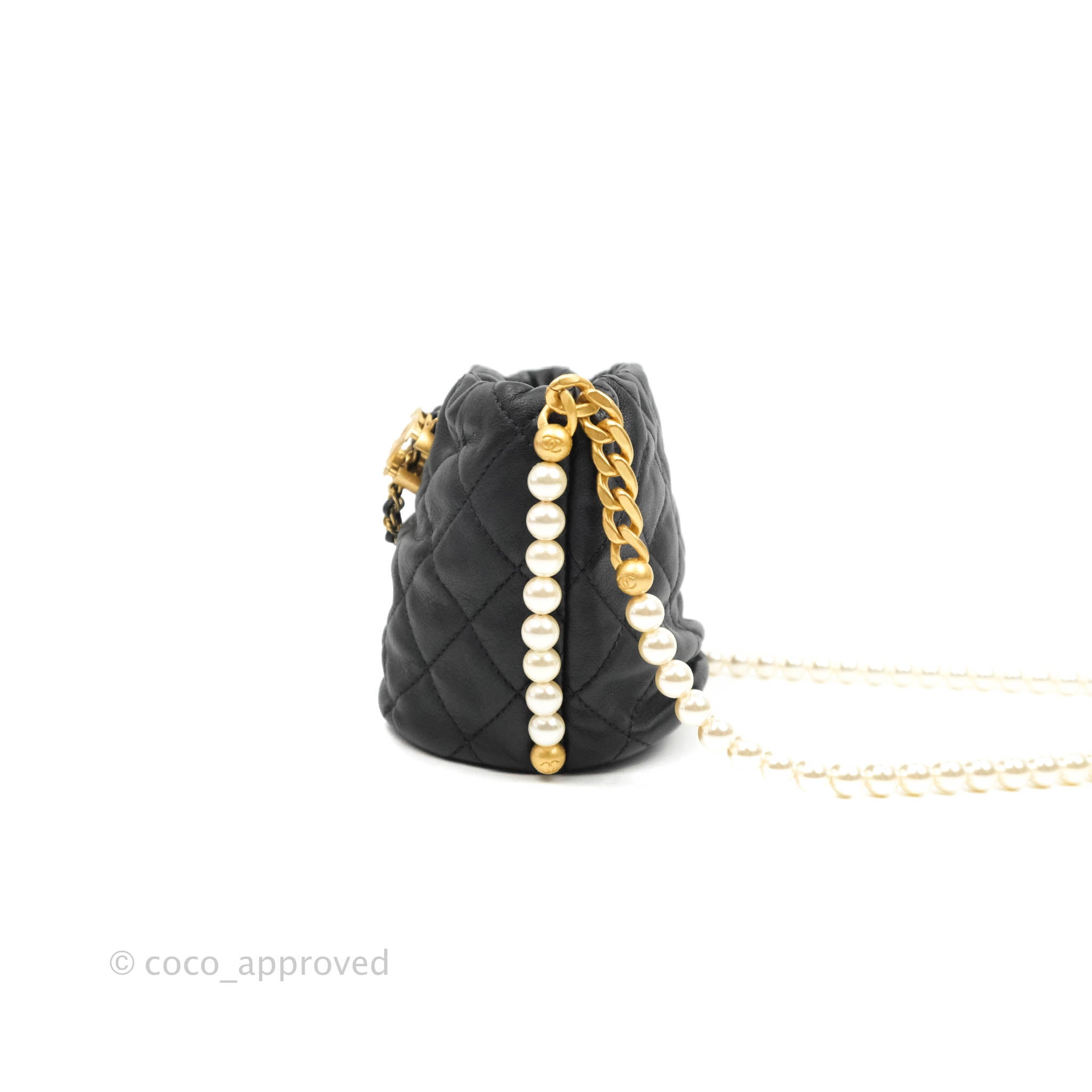 Chanel Quilted Pearl Mini About Pearls Drawstring Bucket Bag Black