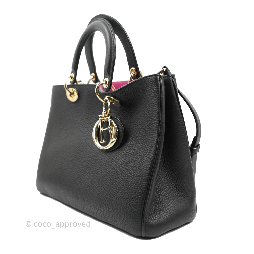 Christian Dior Medium Diorissimo Bag Black Fuchsia Grained Calfskin Gold Hardware
