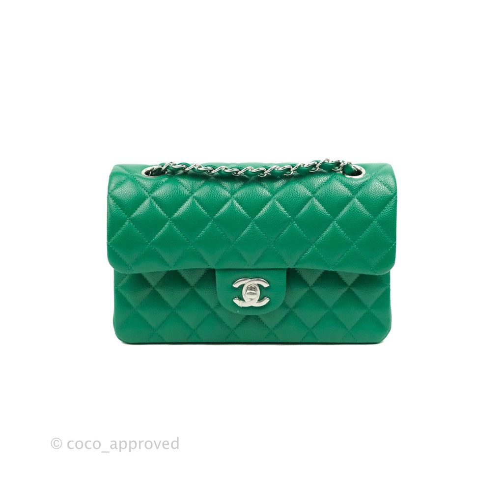 Chanel Small Classic Quilted Flap Green Caviar Silver Hardware