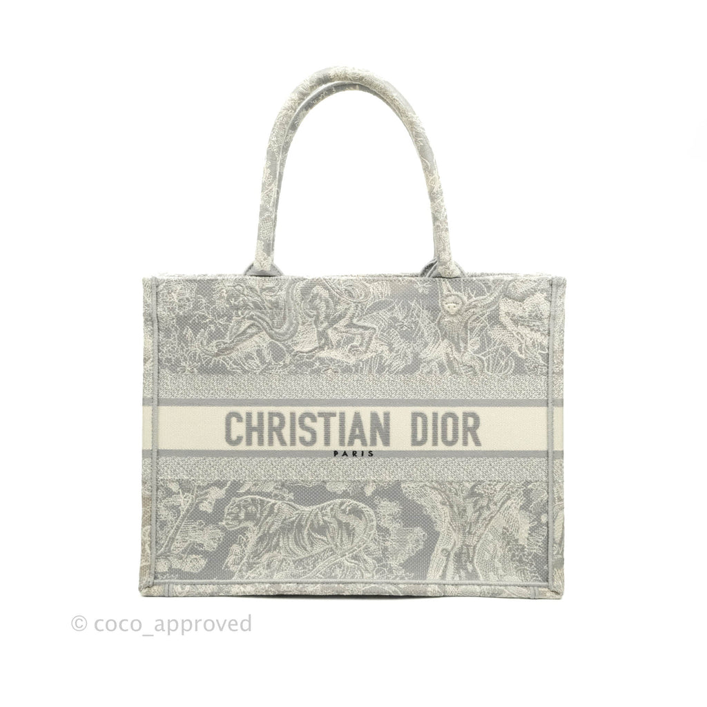 Christian Dior Embroidered Toile De Jouy Small Light Grey Canvas Book Tote