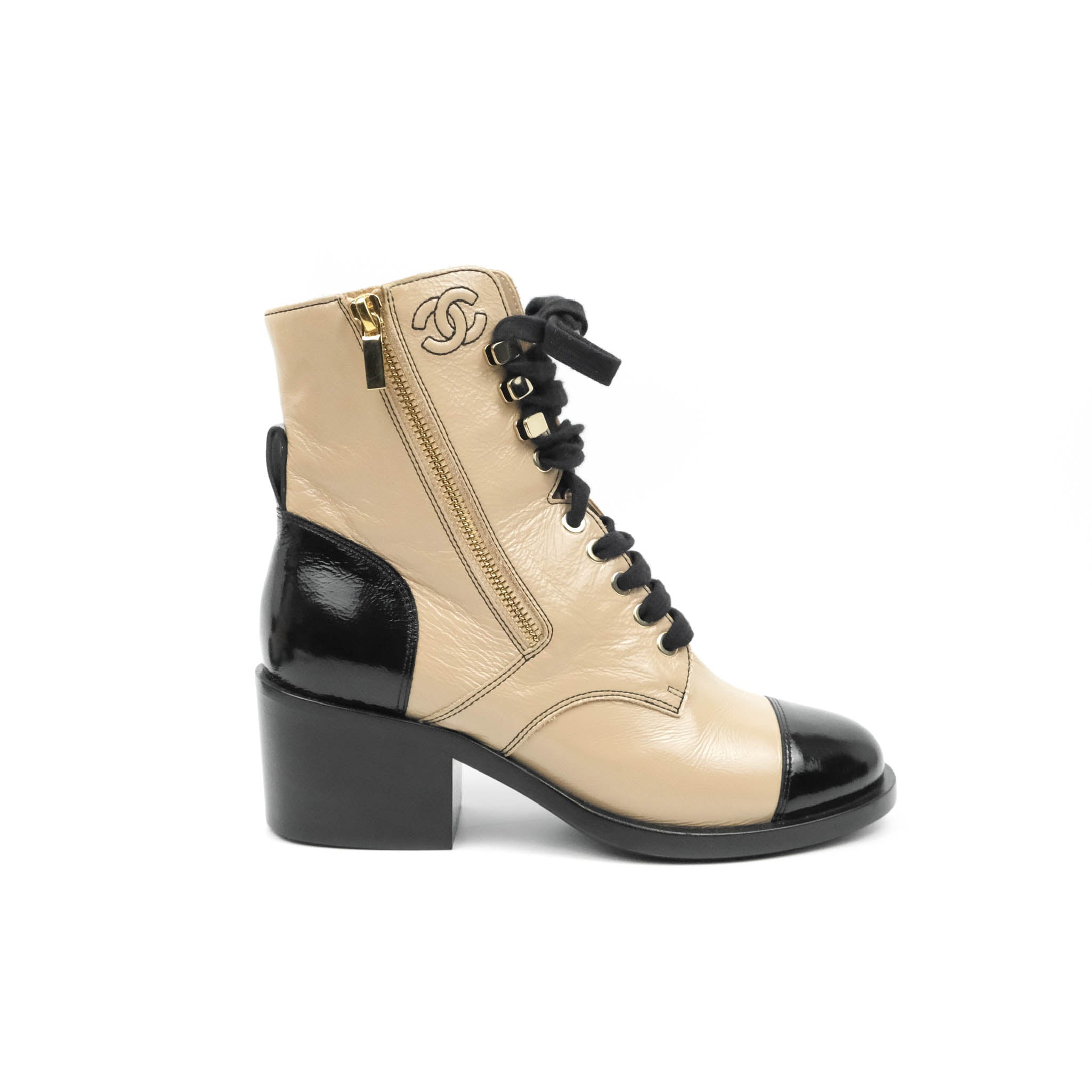 Chanel Beige Black Calfskin CC Lace Up Short Boots 37.5 – Coco