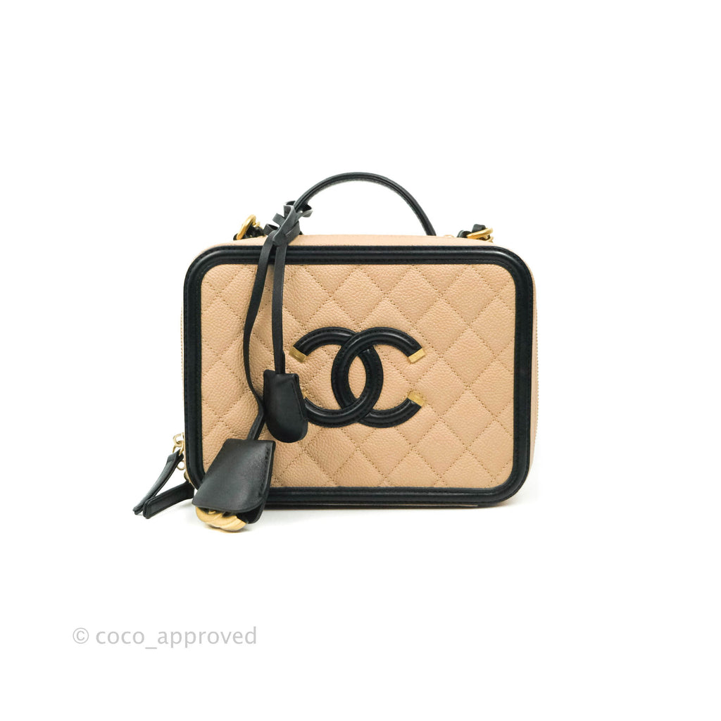 Chanel Quilted Medium CC Filigree Vanity Case Beige Caviar Gold Hardware